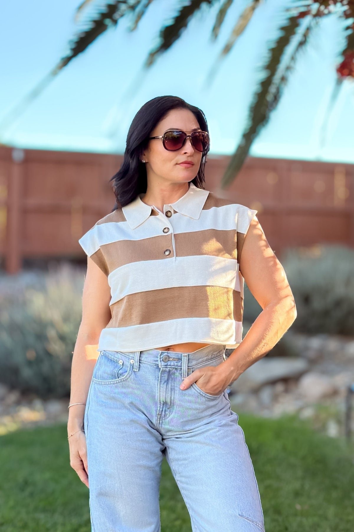 Brown and Cream Striped Rugby Polo Top - Women's Shirts & Tops - Blooming Daily