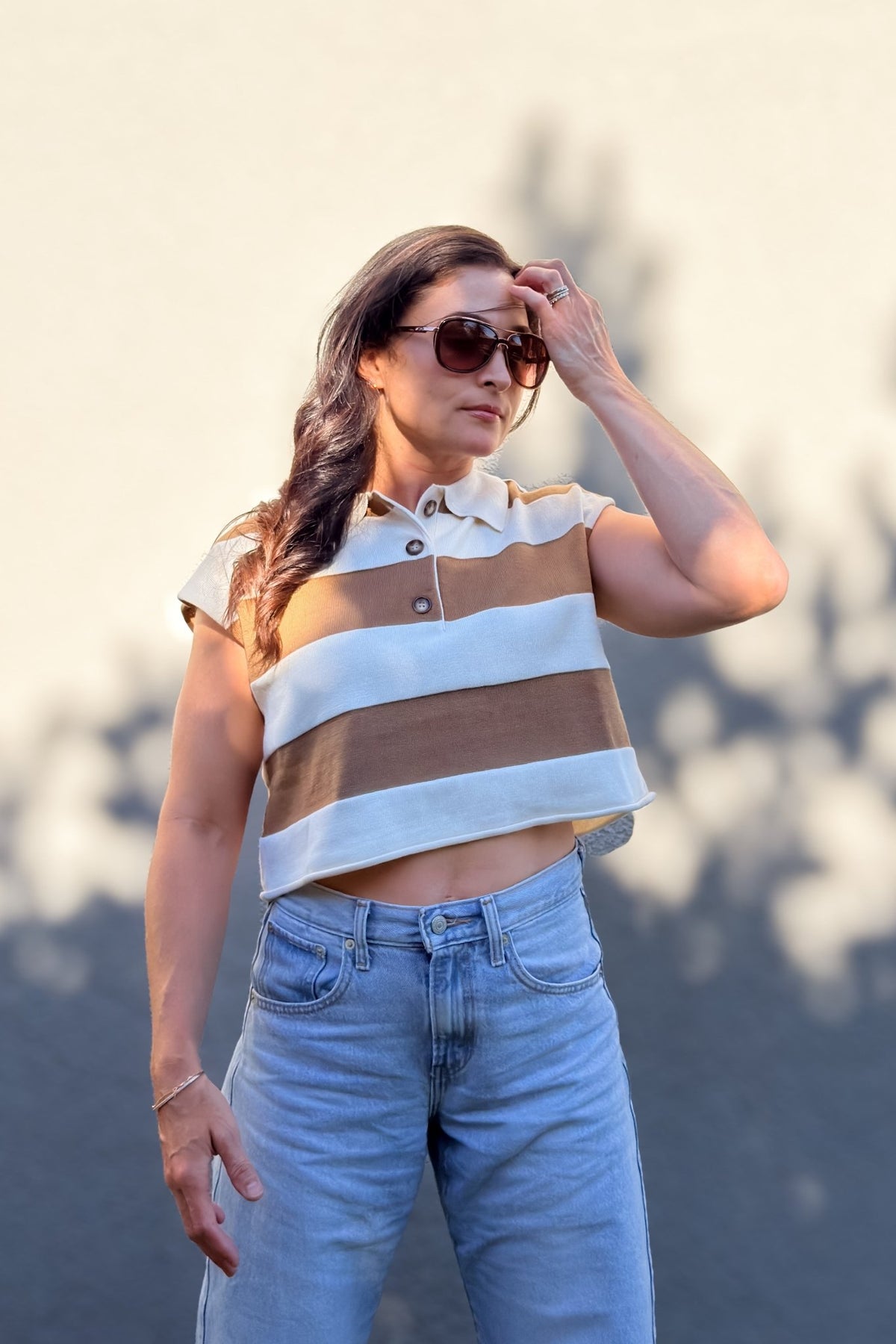 Brown and Cream Striped Rugby Polo Top - Women's Shirts & Tops - Blooming Daily