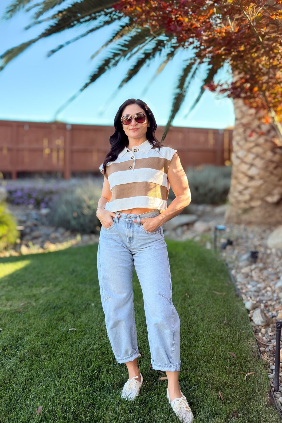 Brown and Cream Striped Rugby Polo Top - Women's Shirts & Tops - Blooming Daily