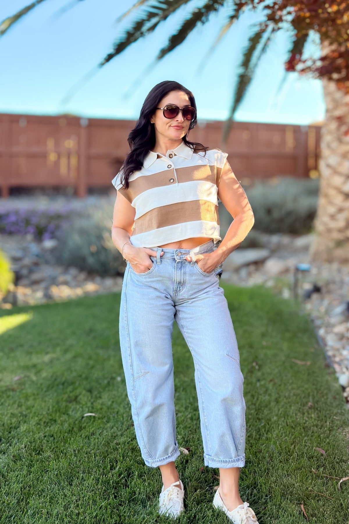 Brown and Cream Striped Rugby Polo Top - Women's Shirts & Tops - Blooming Daily
