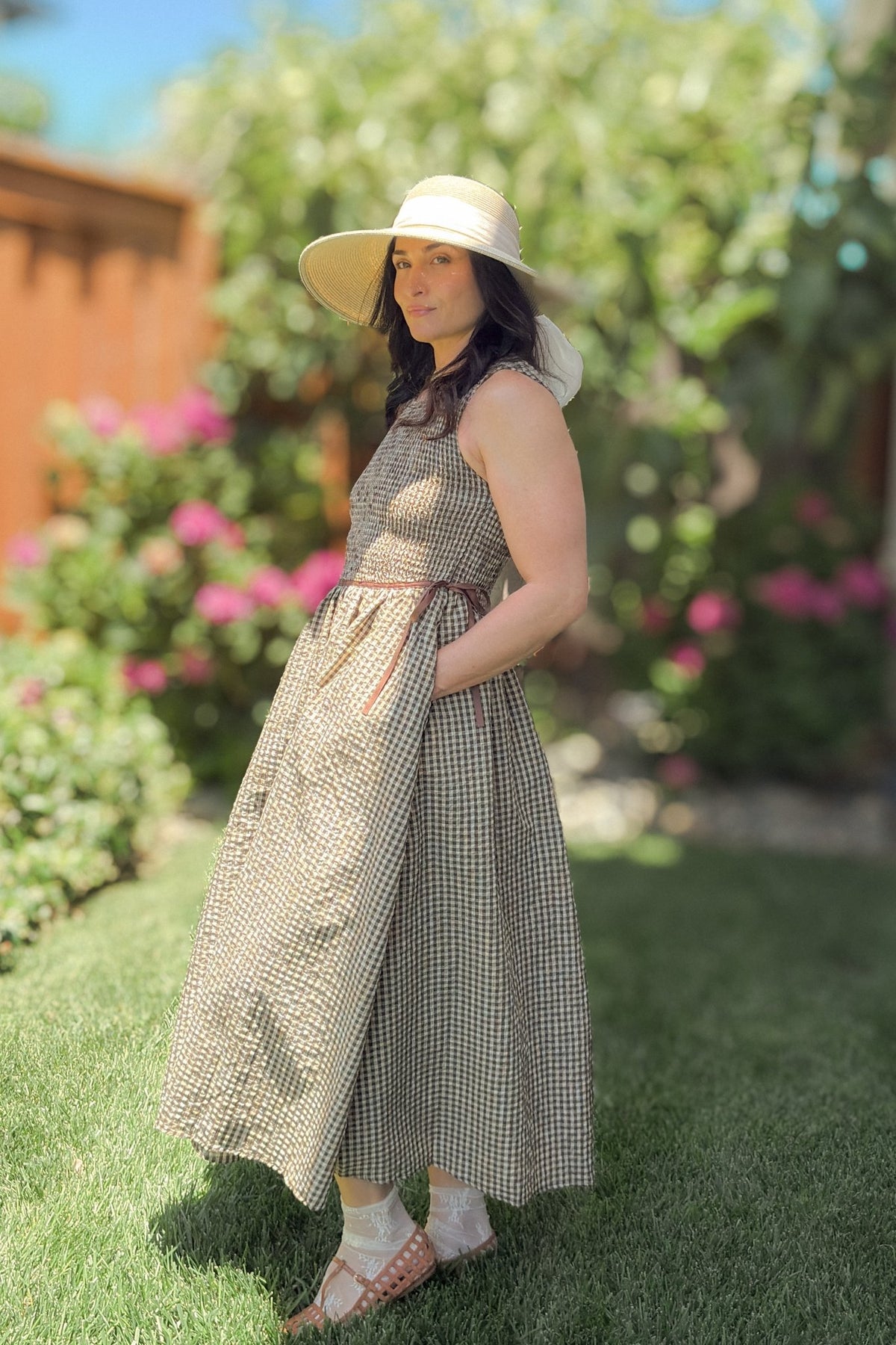 Brown Gingham Smocked Midi Dress - Women's Dresses - Blooming Daily