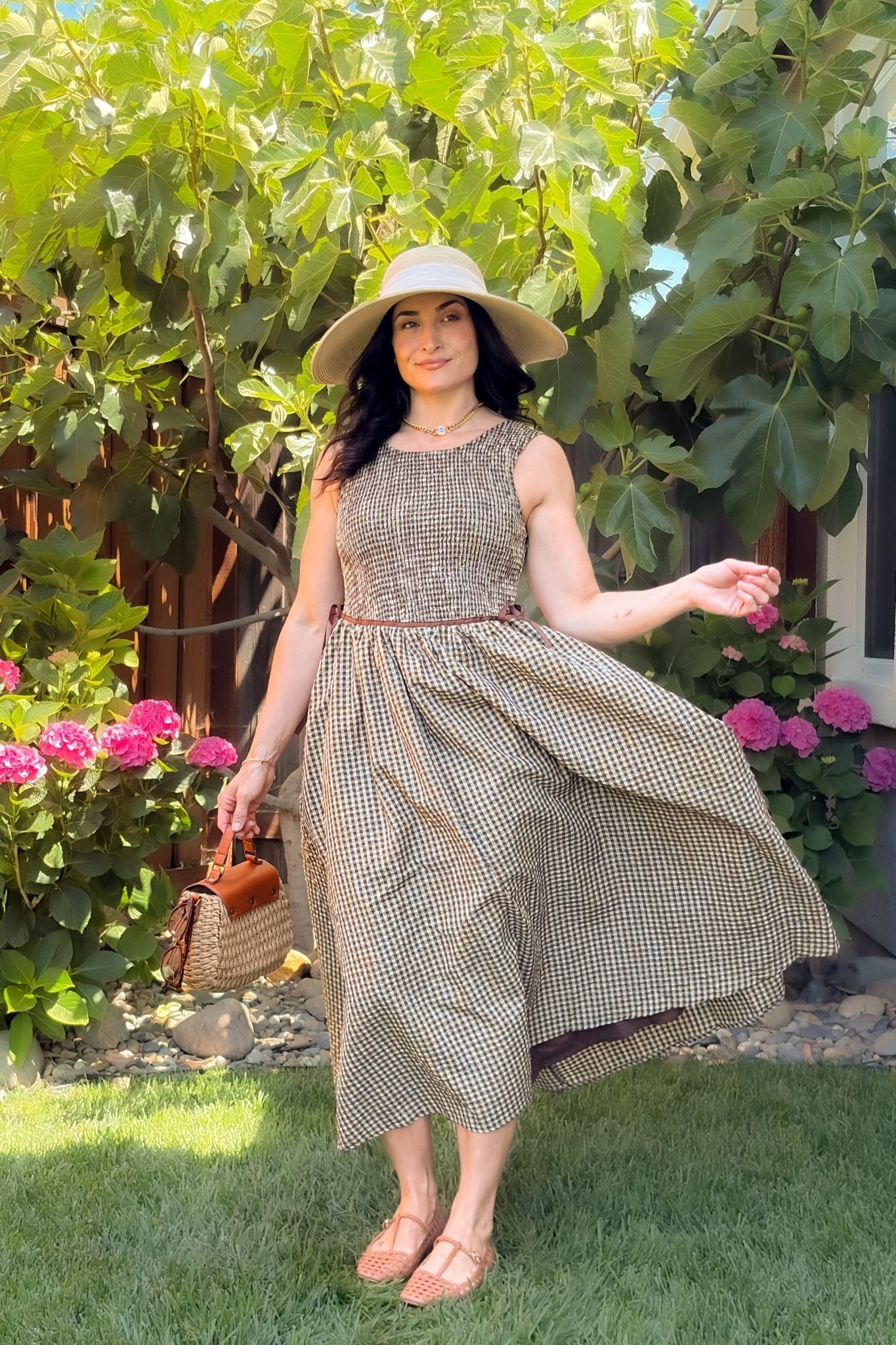 Brown Gingham Smocked Midi Dress