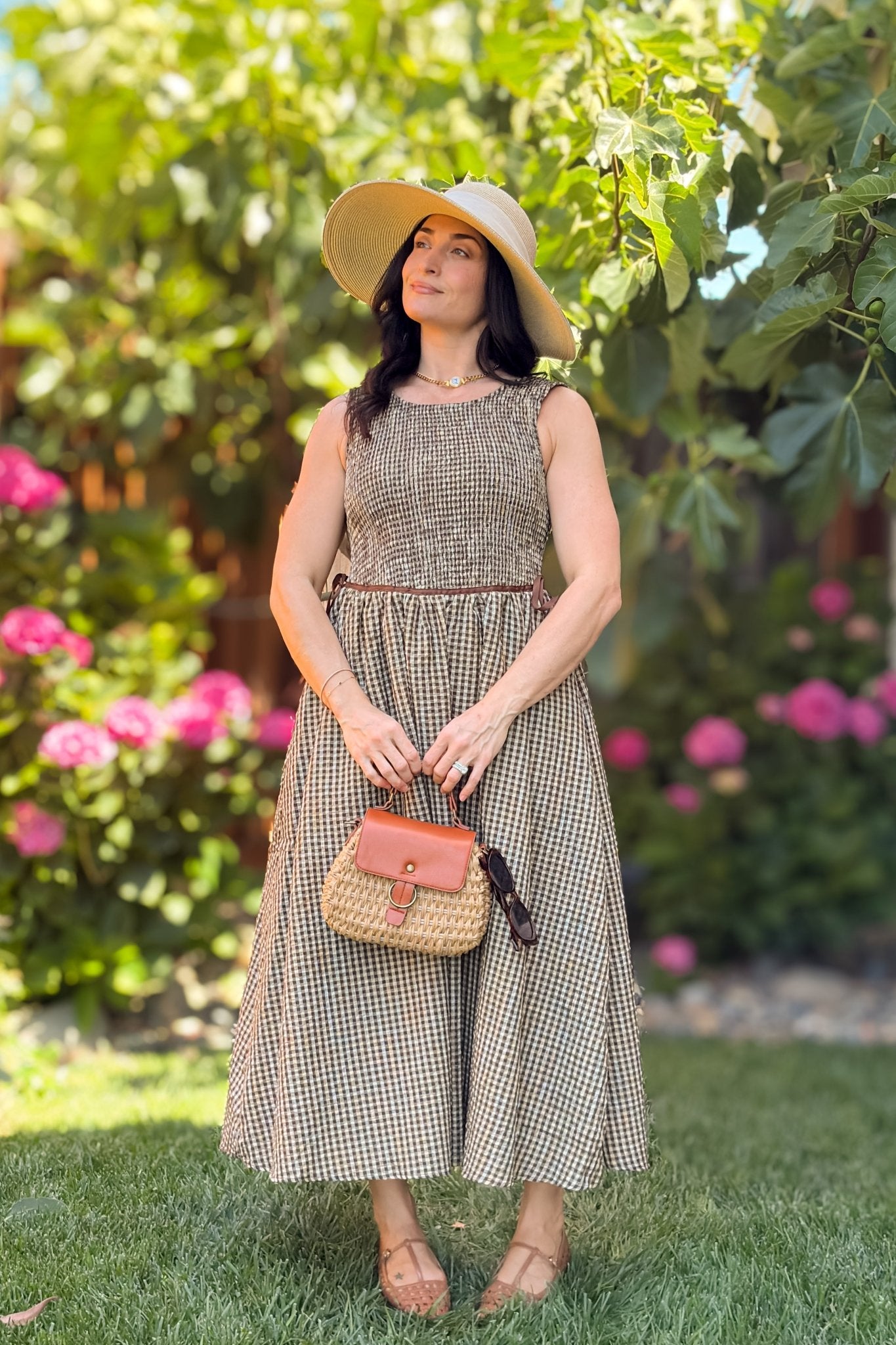 Brown Gingham Smocked Midi Dress