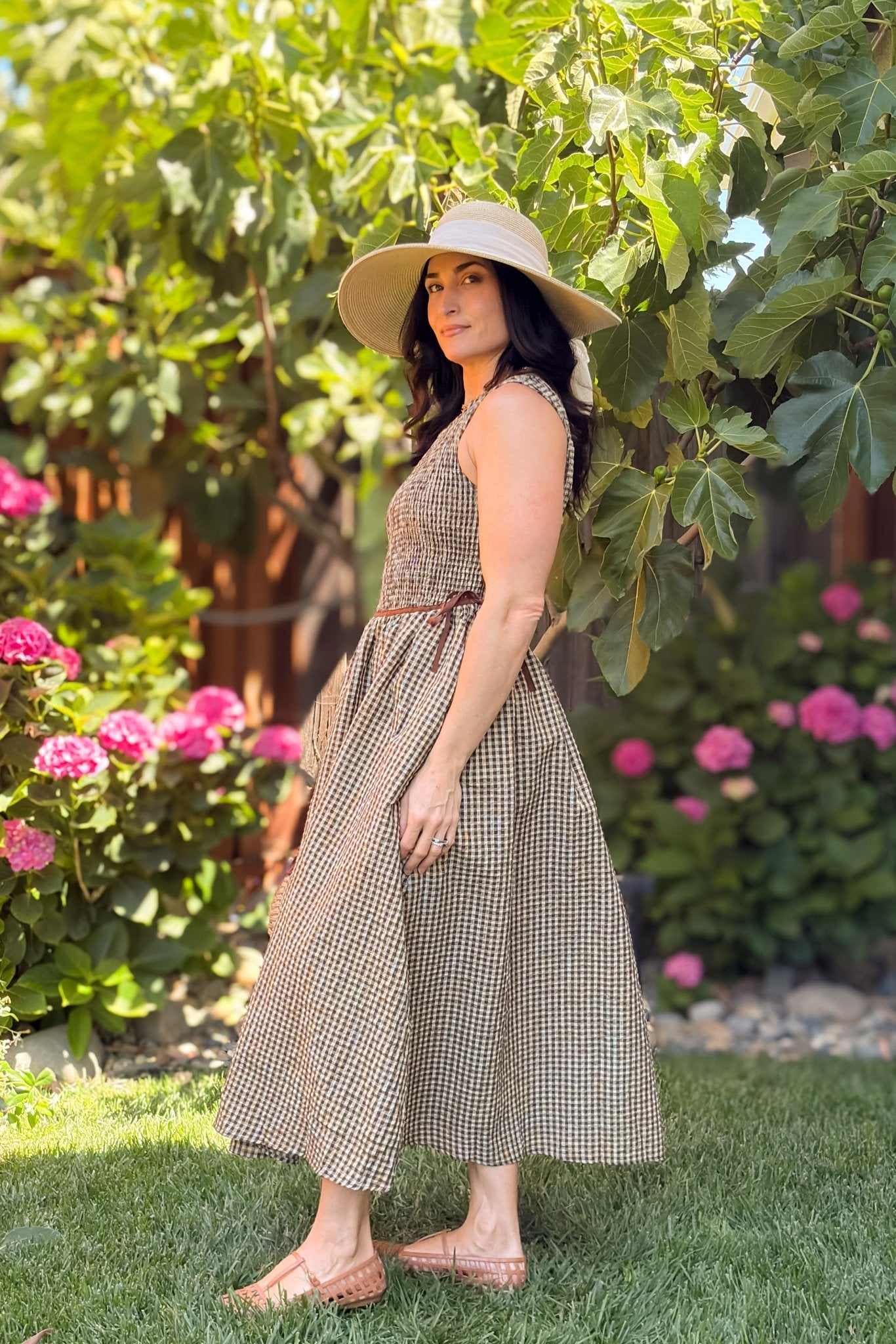 Brown Gingham Smocked Midi Dress