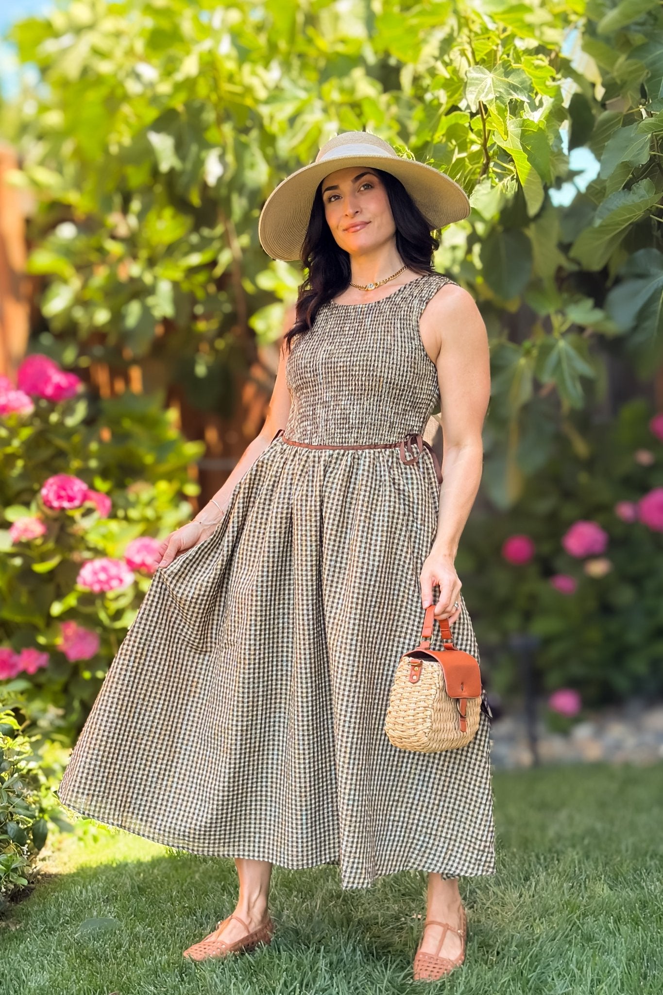 Brown Gingham Smocked Midi Dress