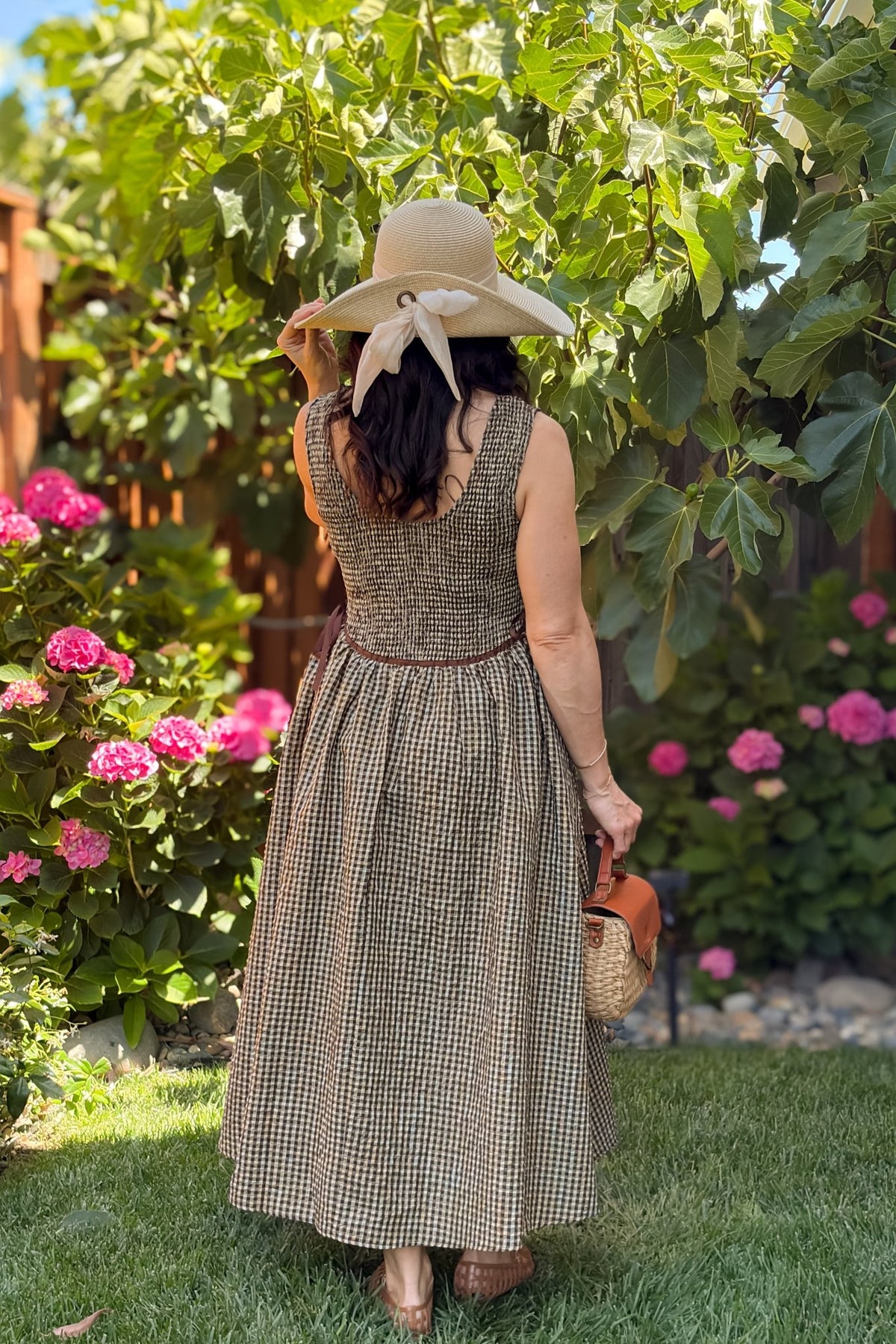 Brown Gingham Smocked Midi Dress - Women's Dresses - Blooming Daily
