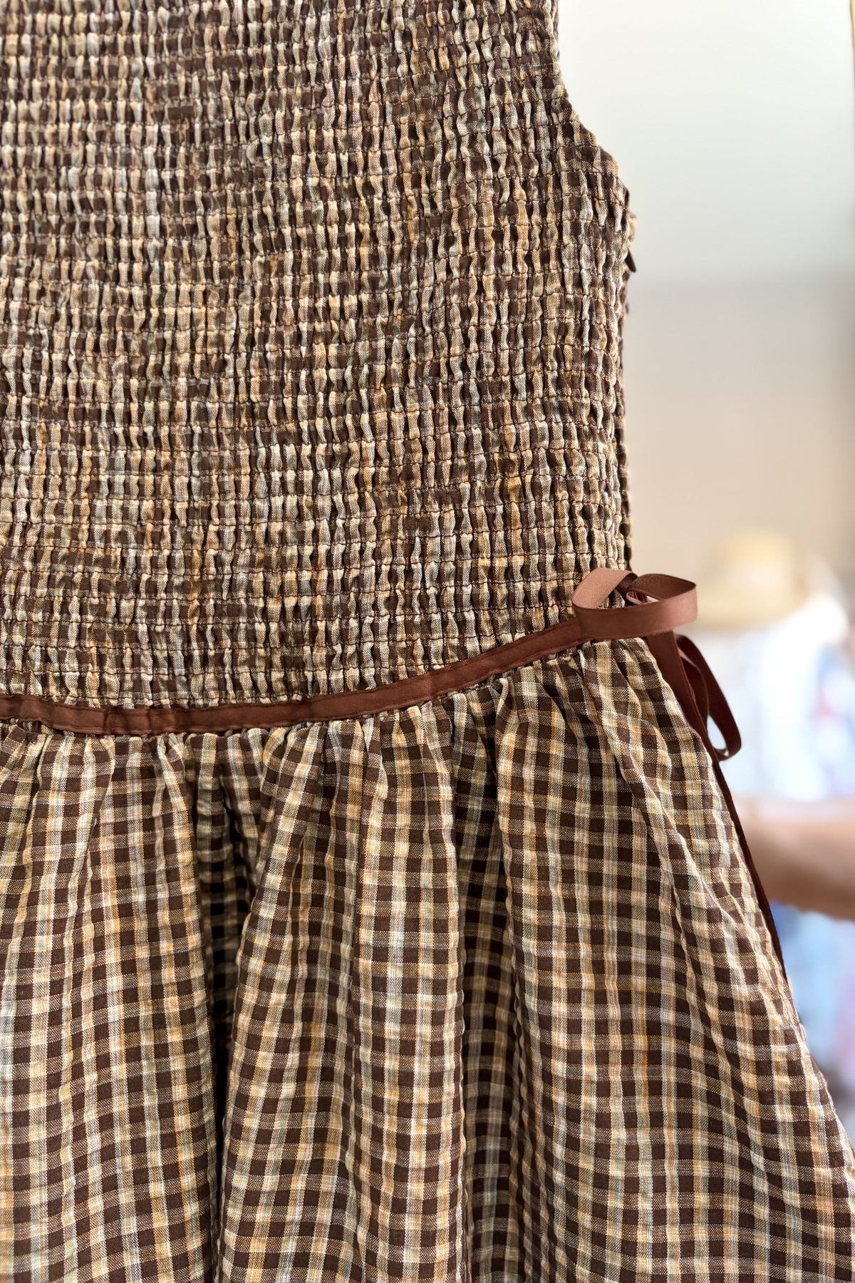 Brown Gingham Smocked Midi Dress - Women's Dresses - Blooming Daily