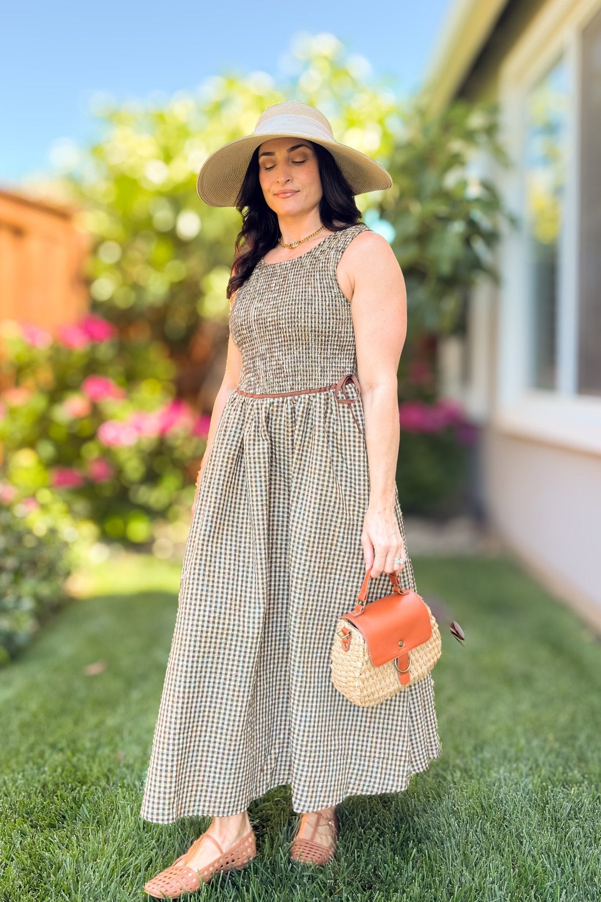 Brown Gingham Smocked Midi Dress - Women's Dresses - Blooming Daily