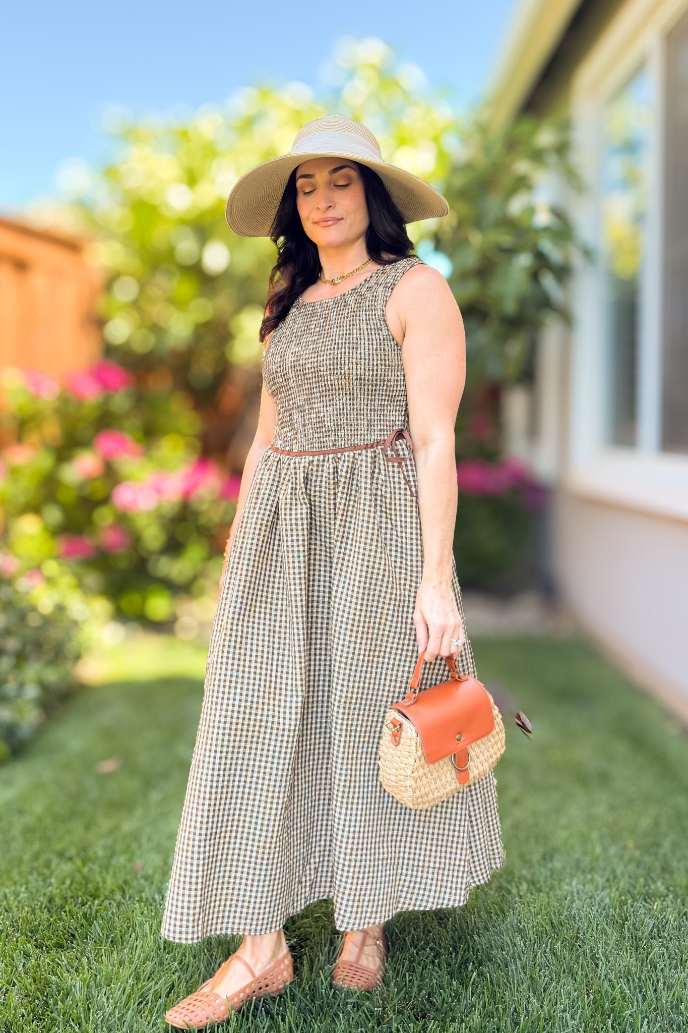 Brown Gingham Smocked Midi Dress