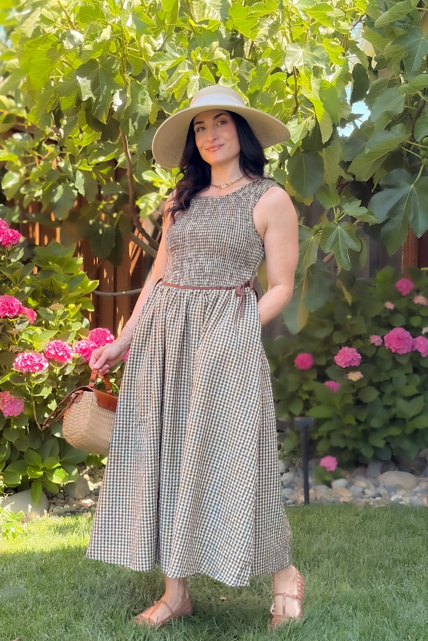 Brown Gingham Smocked Midi Dress