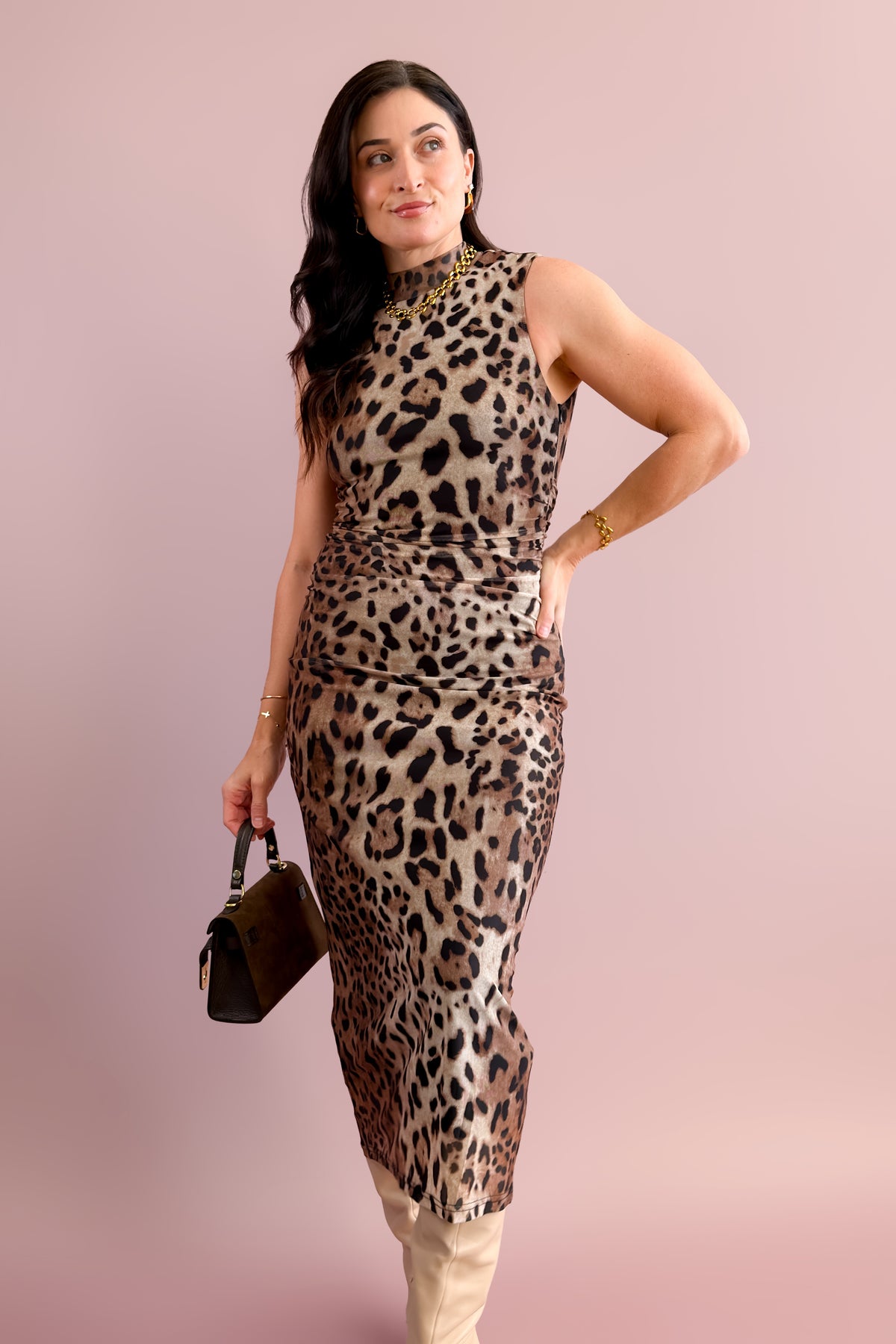 Brown animal print mesh midi dress with sleeveless mock neckline.