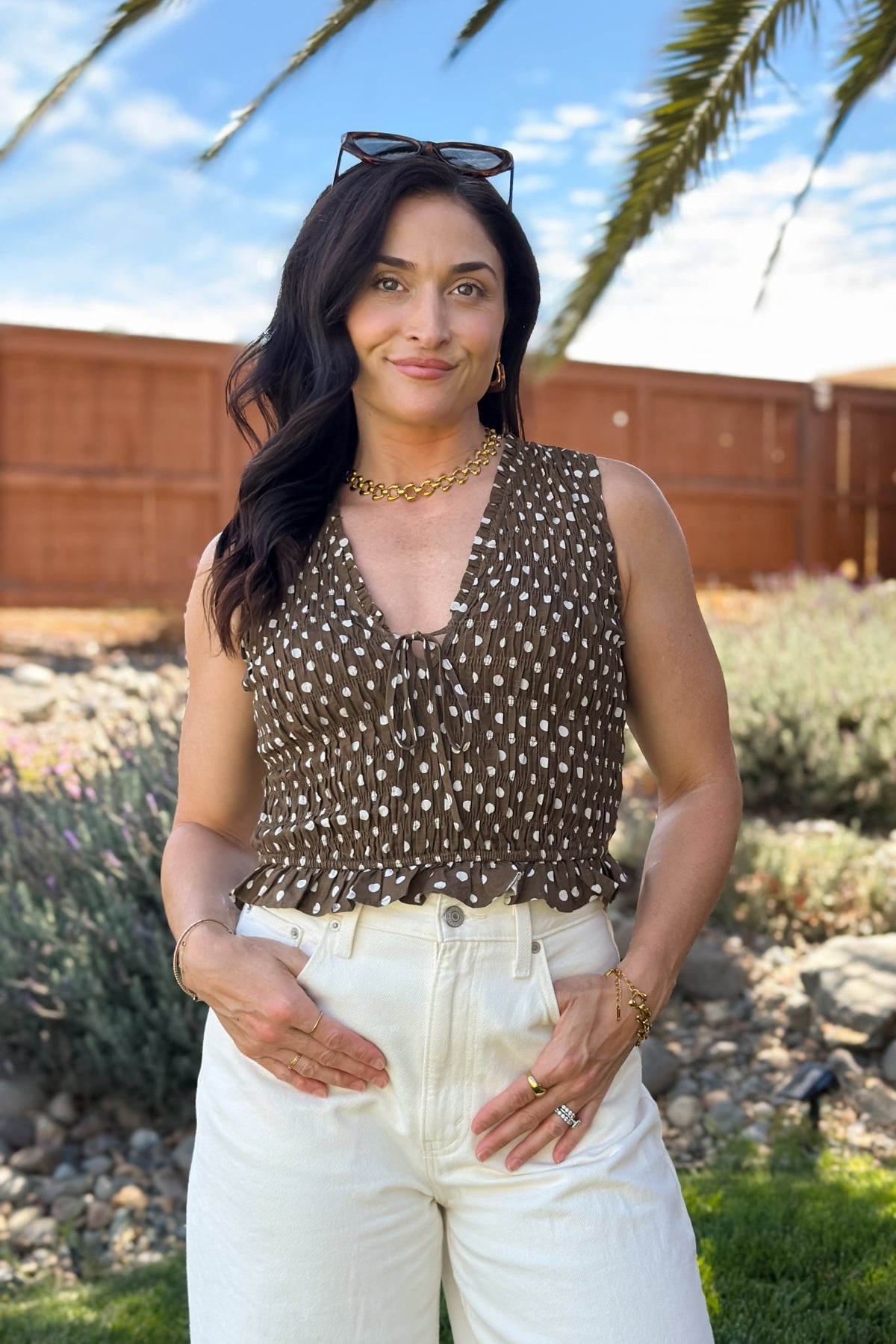 Brown Polka Dot Smocked Tie-Front Top - Women's Shirts & Tops - Blooming Daily