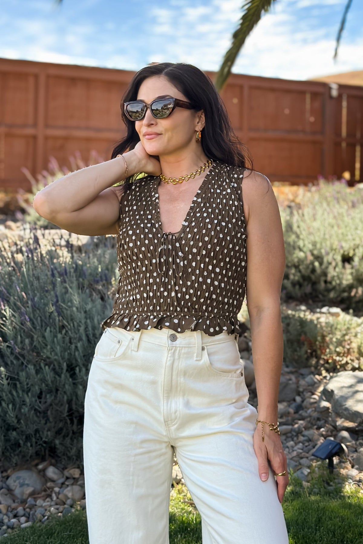 Brown Polka Dot Smocked Tie-Front Top - Women's Shirts & Tops - Blooming Daily