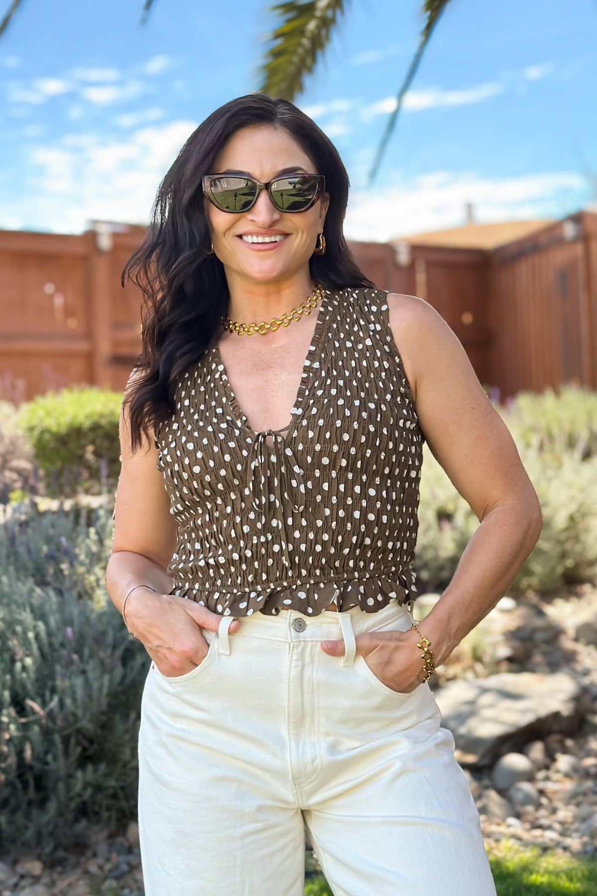 Brown Polka Dot Smocked Tie-Front Top - Women's Shirts & Tops - Blooming Daily