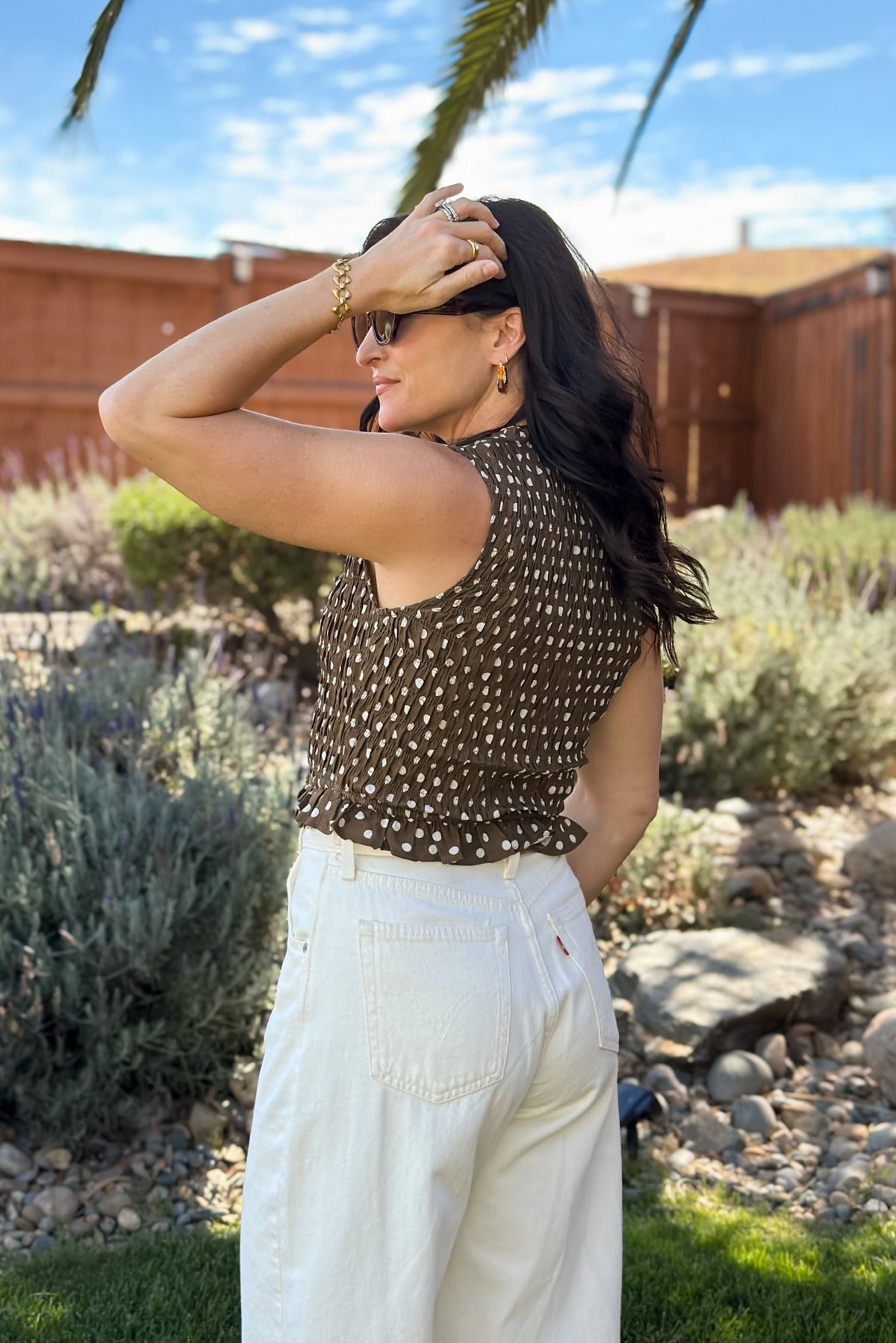 Brown Polka Dot Smocked Tie-Front Top - Women's Shirts & Tops - Blooming Daily
