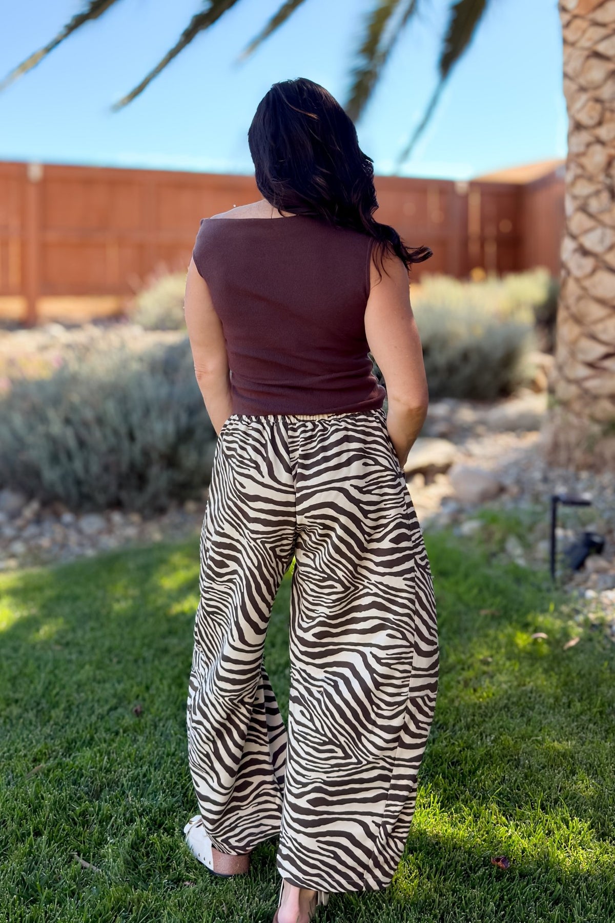 Brown Zebra Print French Terry Barrel Pants - Women's Pants - Blooming Daily