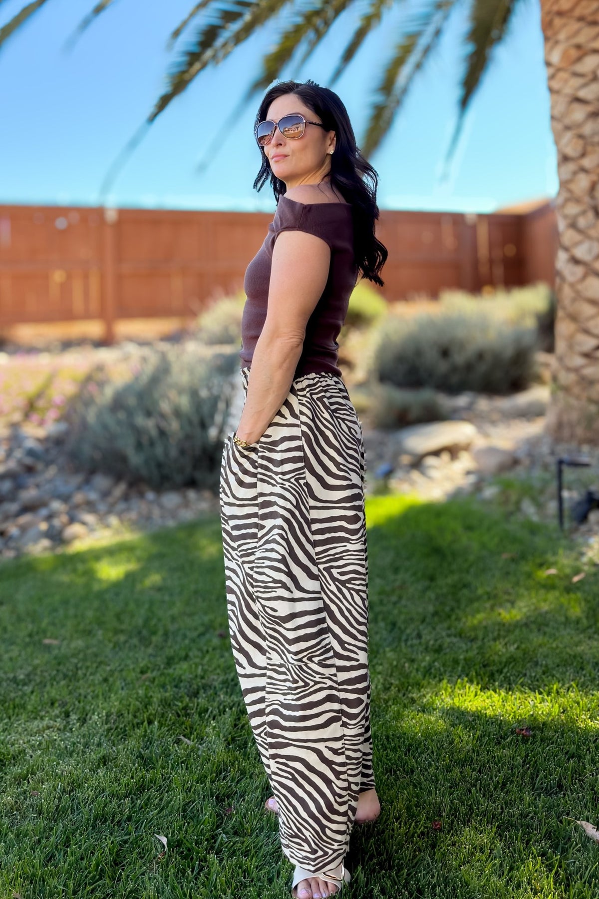 Brown Zebra Print French Terry Barrel Pants - Women's Pants - Blooming Daily