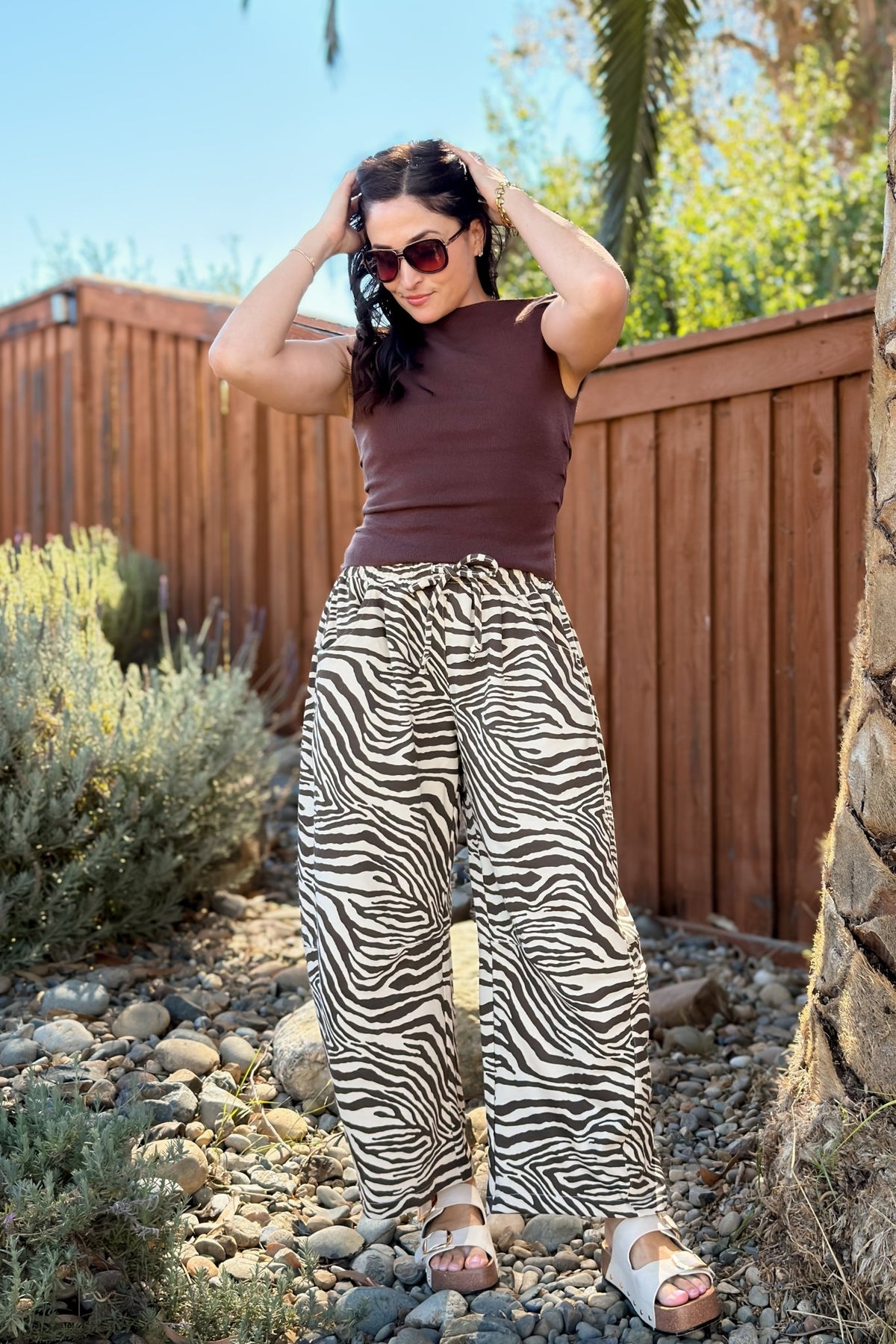 Brown Zebra Print French Terry Barrel Pants - Women's Pants - Blooming Daily