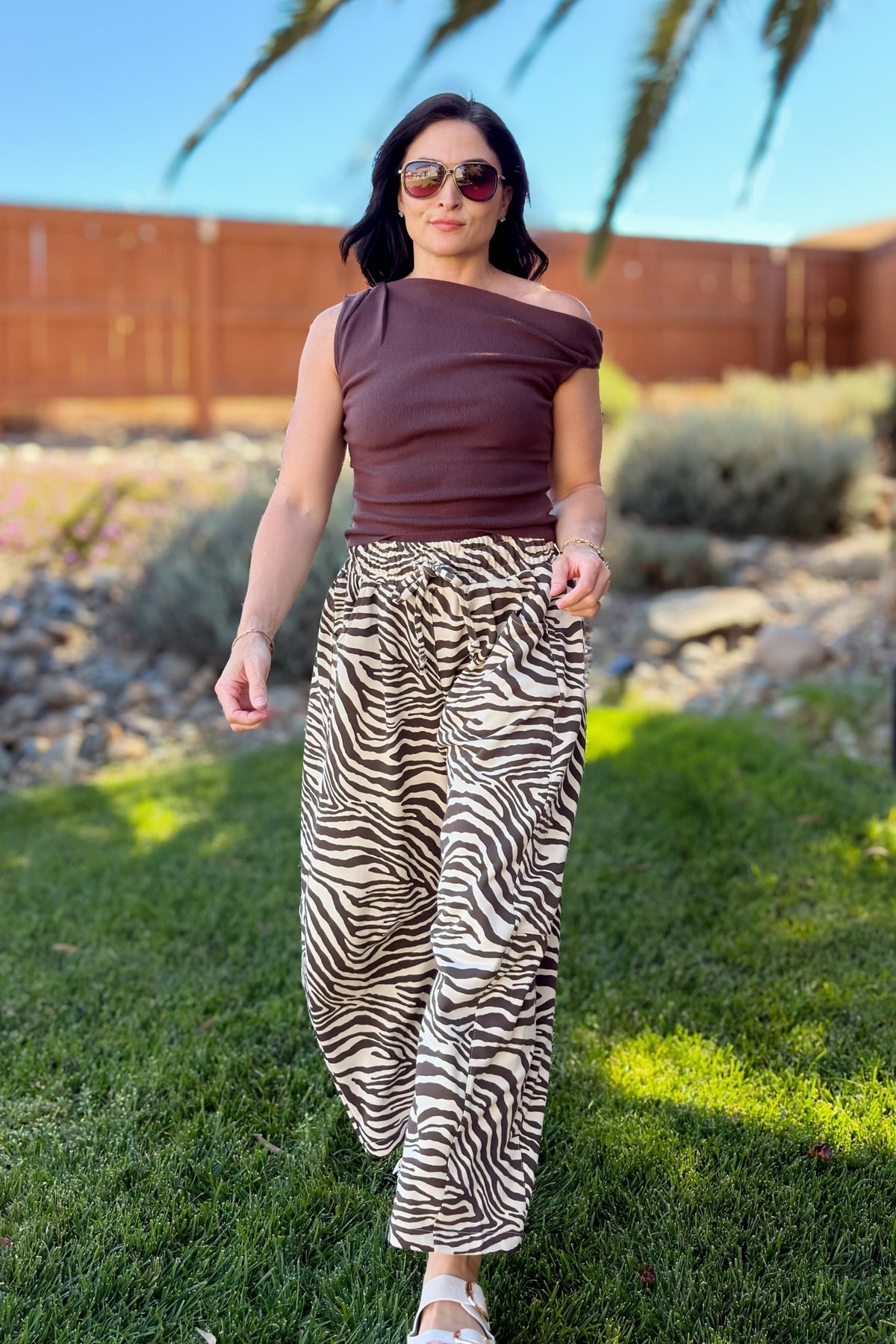 Brown Zebra Print French Terry Barrel Pants - Women's Pants - Blooming Daily