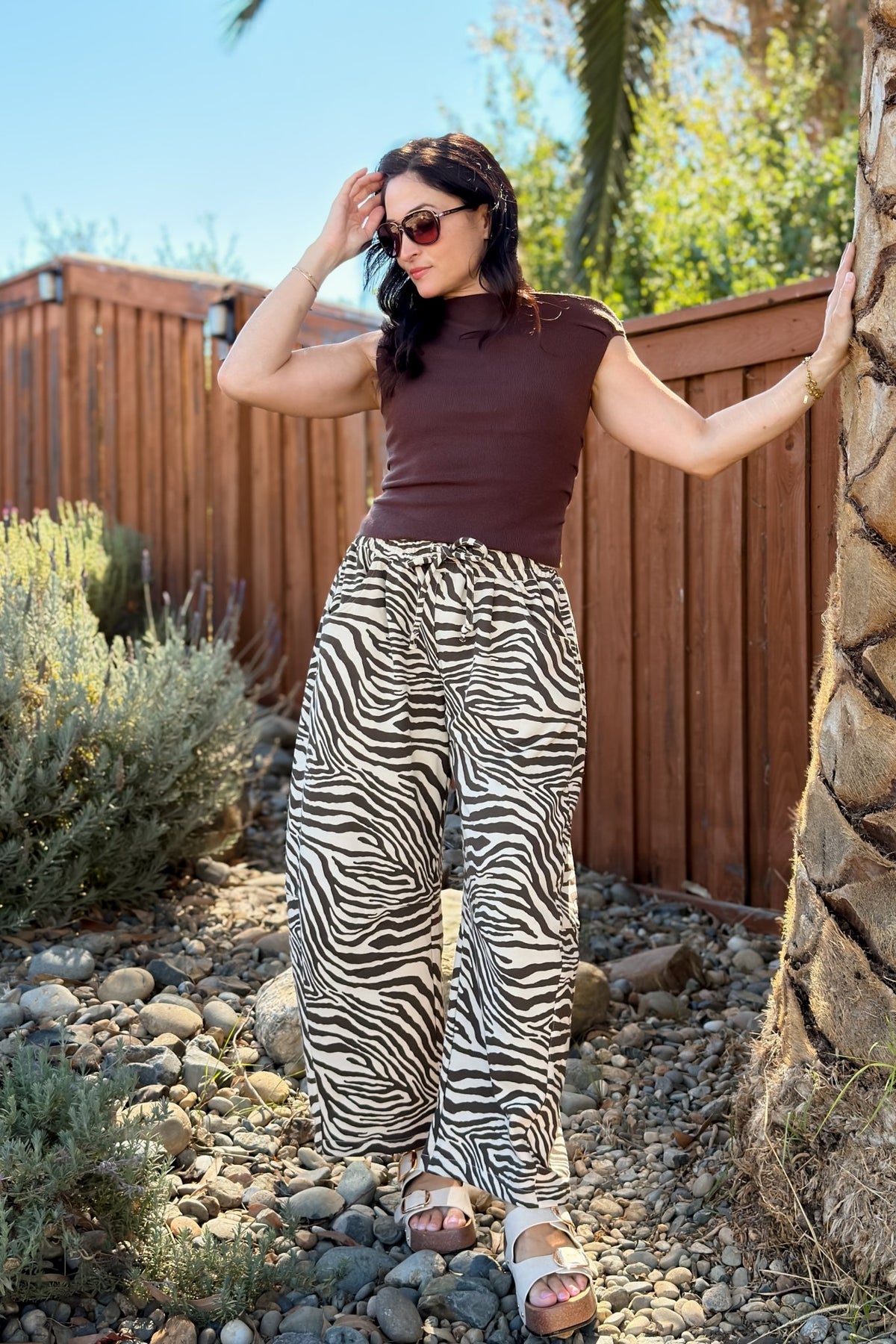 Brown Zebra Print French Terry Barrel Pants - Women's Pants - Blooming Daily