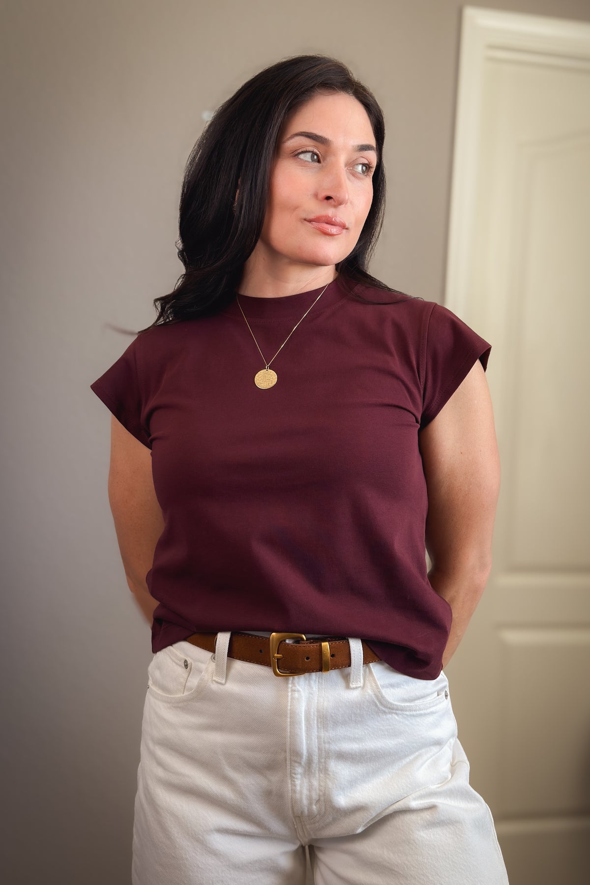 Burgundy Cap Sleeve Crewneck T-Shirt