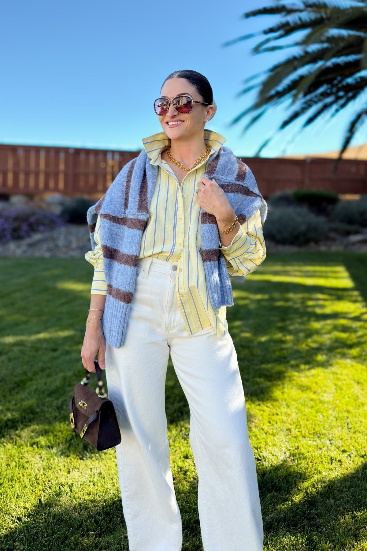 Butter Yellow & Blue Stripe Cotton Button Down Shirt - Women's Shirts & Tops - Blooming Daily