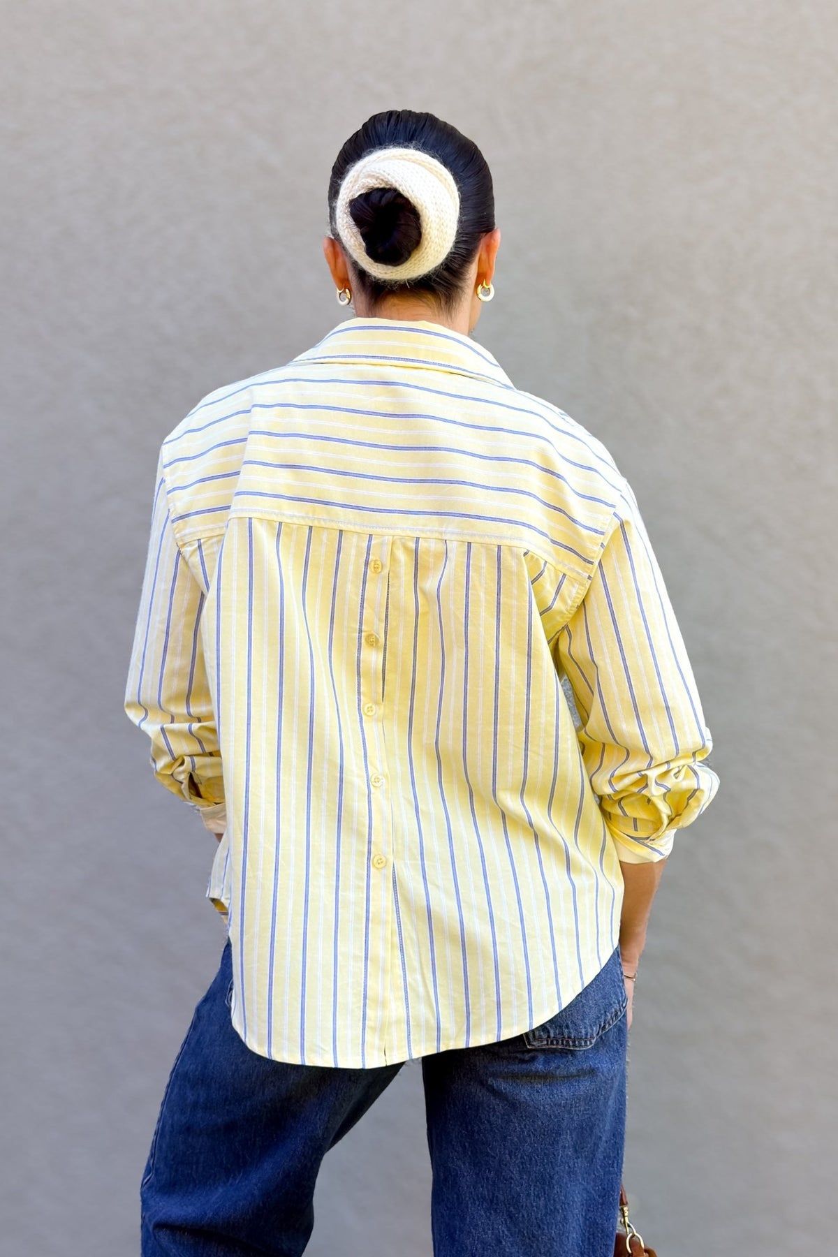 Butter Yellow & Blue Stripe Cotton Button Down Shirt - Women's Shirts & Tops - Blooming Daily