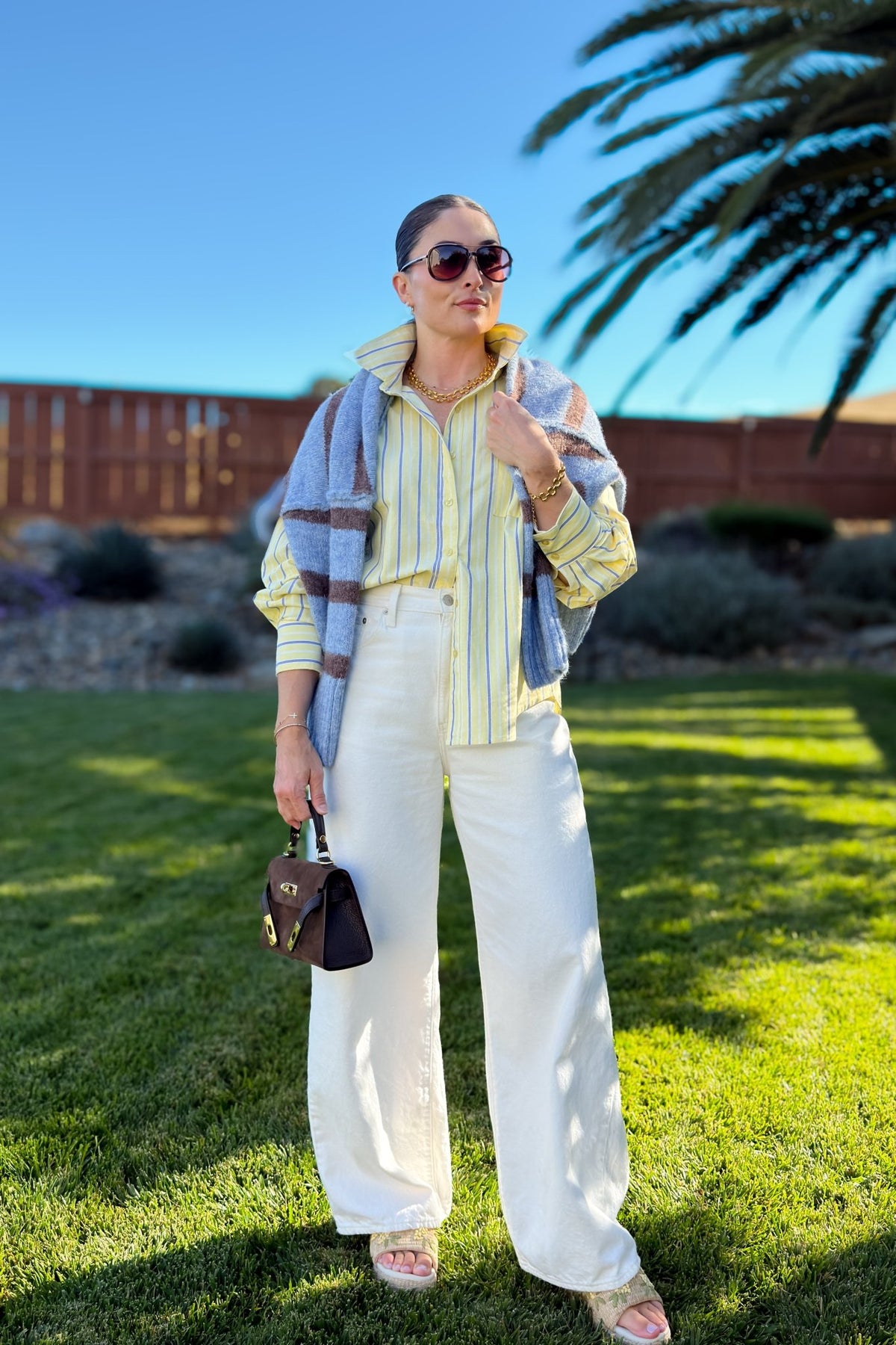 Butter Yellow & Blue Stripe Cotton Button Down Shirt - Women's Shirts & Tops - Blooming Daily