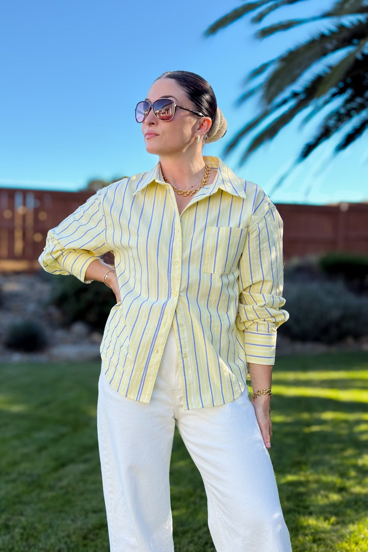 Butter Yellow & Blue Stripe Cotton Button Down Shirt - Women's Shirts & Tops - Blooming Daily