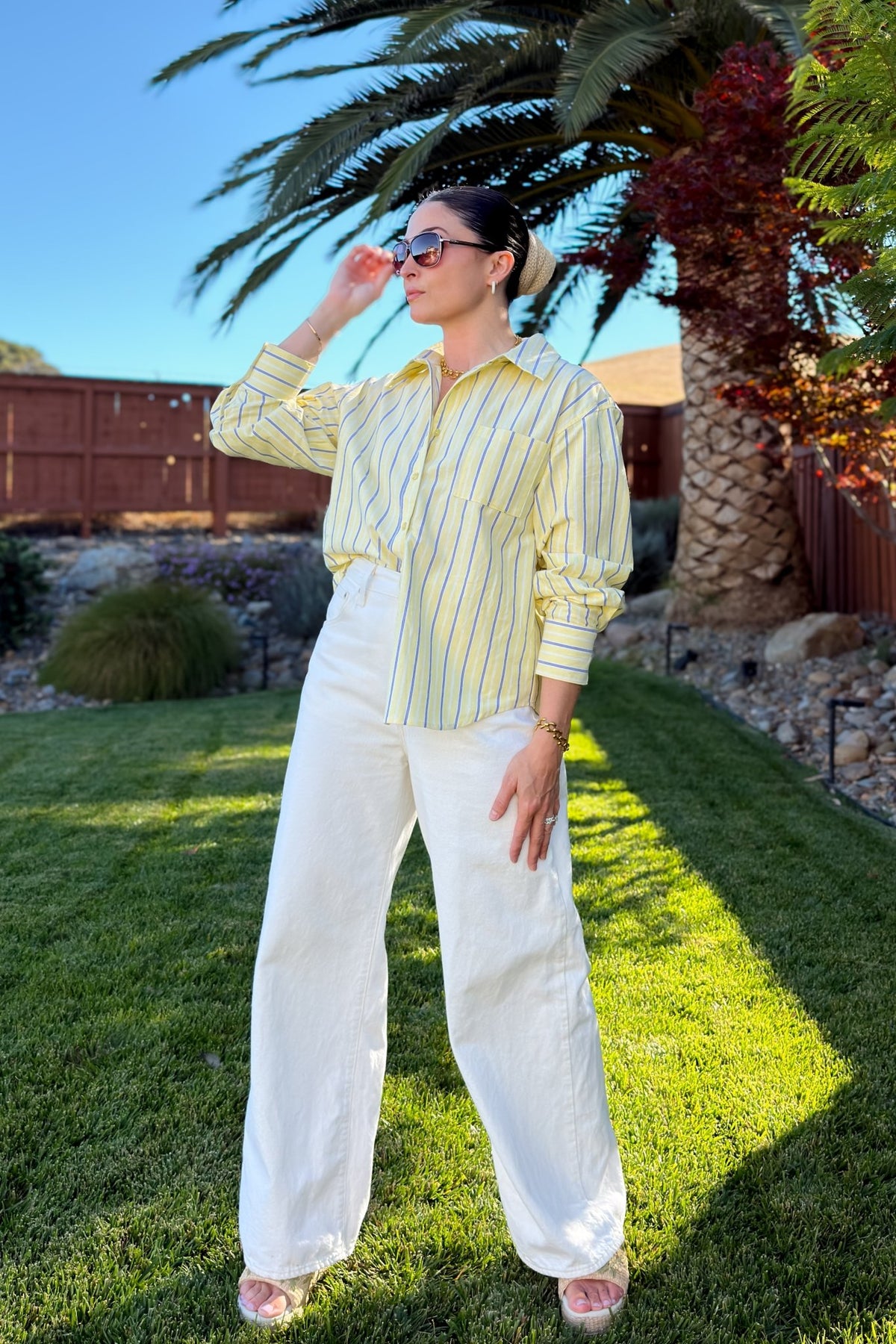 Butter Yellow & Blue Stripe Cotton Button Down Shirt - Women's Shirts & Tops - Blooming Daily