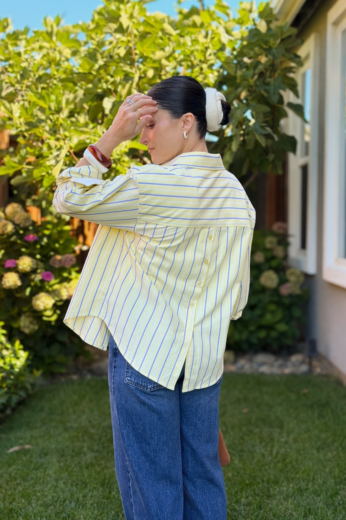 Butter Yellow & Blue Stripe Cotton Button Down Shirt - Women's Shirts & Tops - Blooming Daily