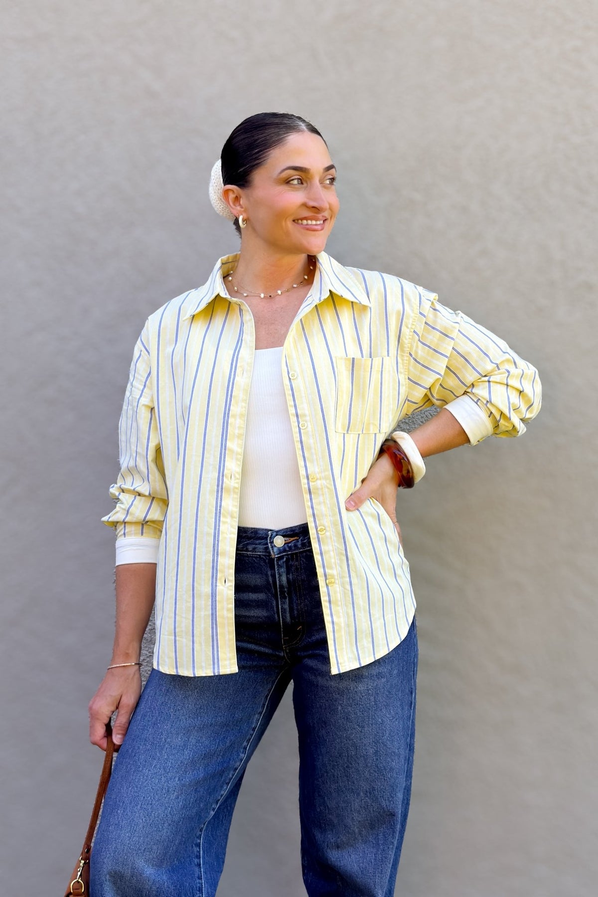 Butter Yellow & Blue Stripe Cotton Button Down Shirt - Women's Shirts & Tops - Blooming Daily