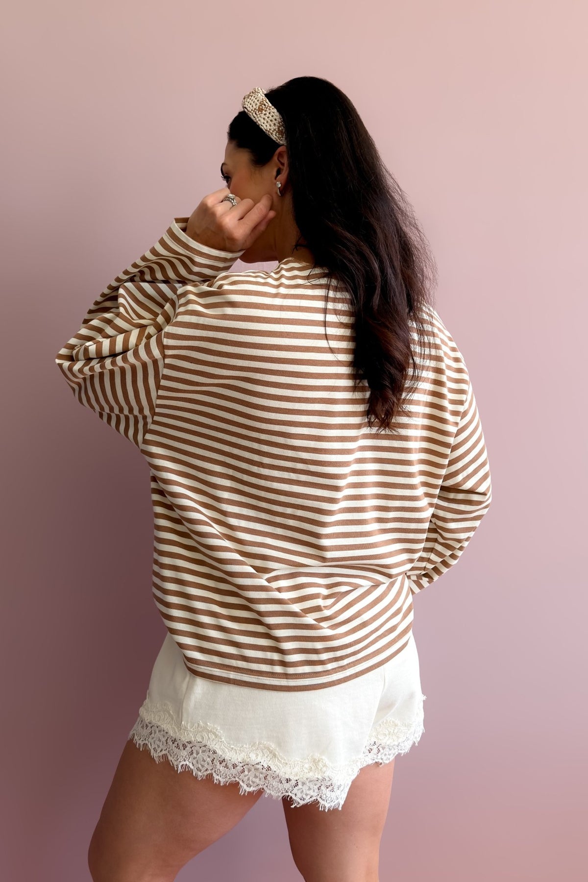 Women’s camel stripe long sleeve shirt with boxy fit and breathable everyday fabric