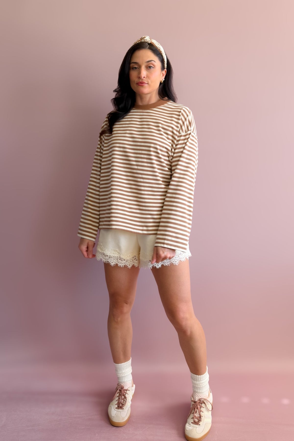 Preppy camel striped long sleeve tee with drop shoulder and loose comfortable silhouette