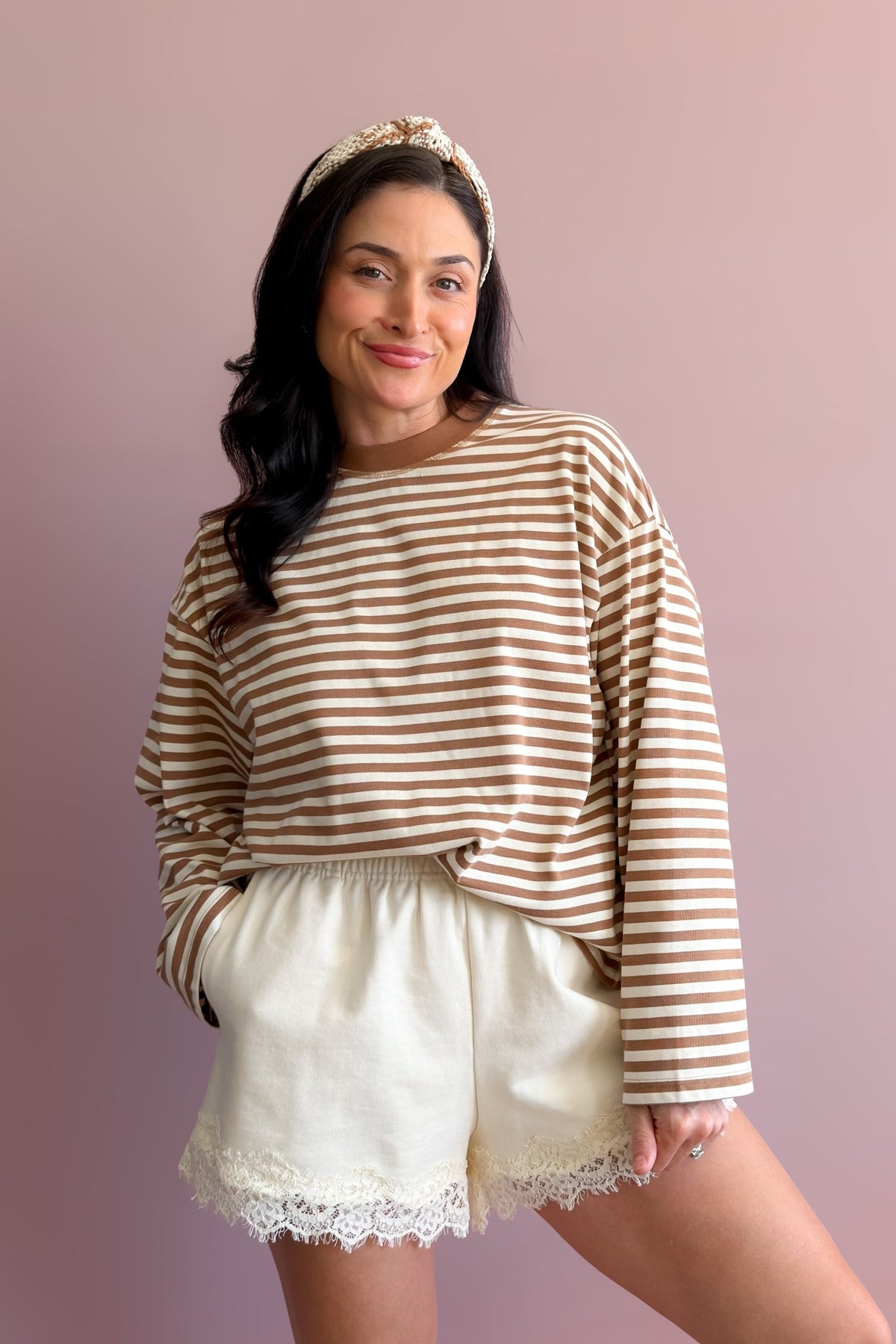 Camel and ivory oversized crewneck top with relaxed fit and year-round layering style
