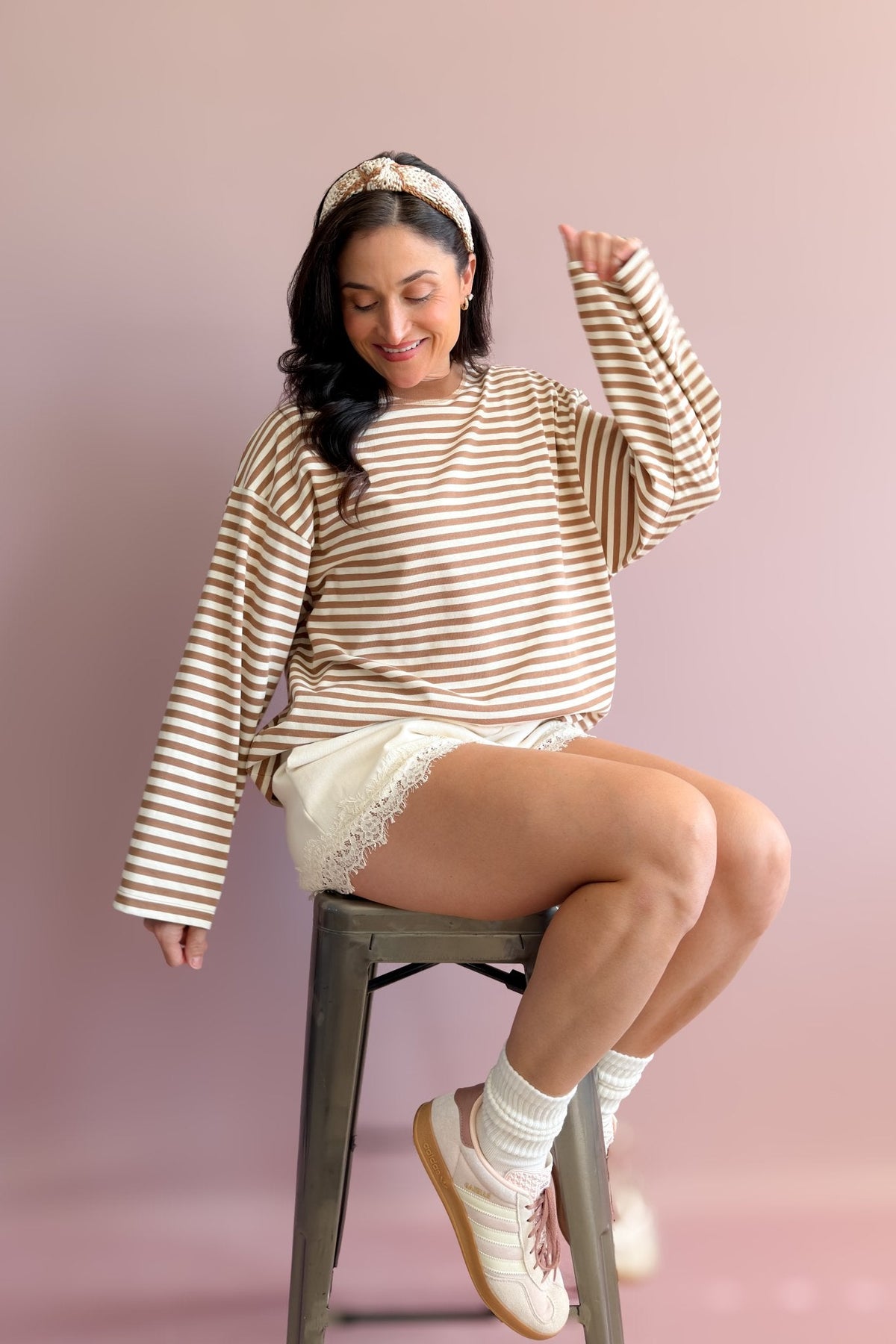 Camel and ivory oversized striped long sleeve tee with boxy fit and drop shoulders
