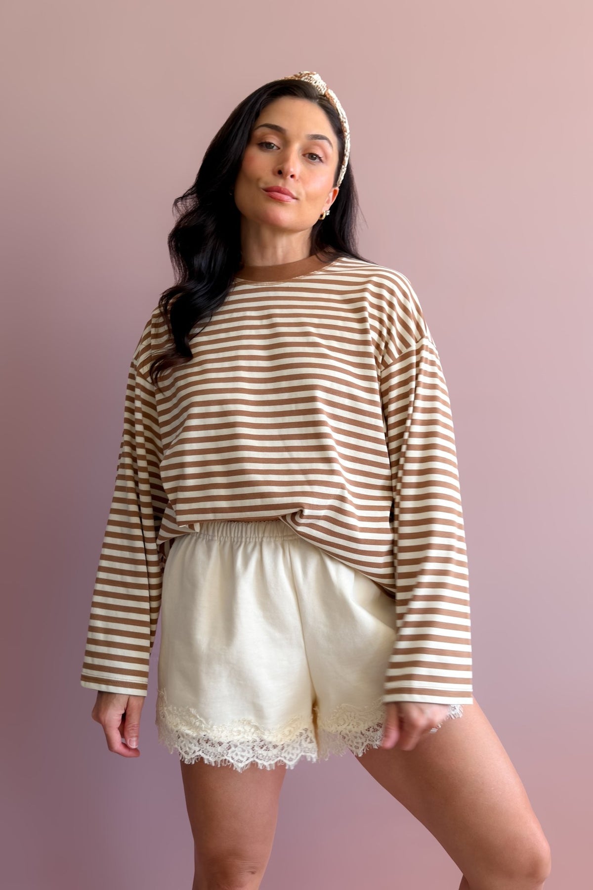 Women’s camel striped crewneck tee with relaxed oversized silhouette and long sleeves