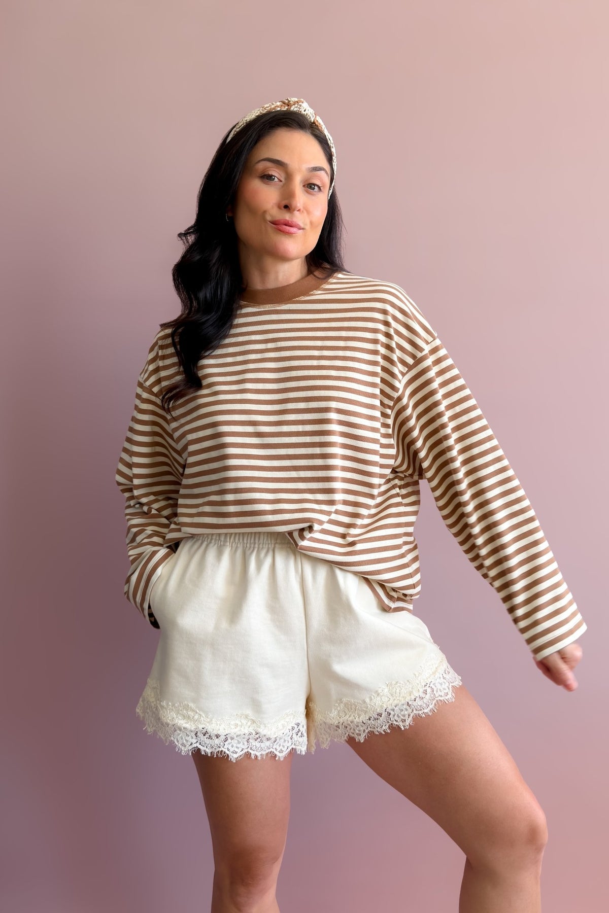 Women’s neutral striped top with oversized boxy shape and soft breathable texture