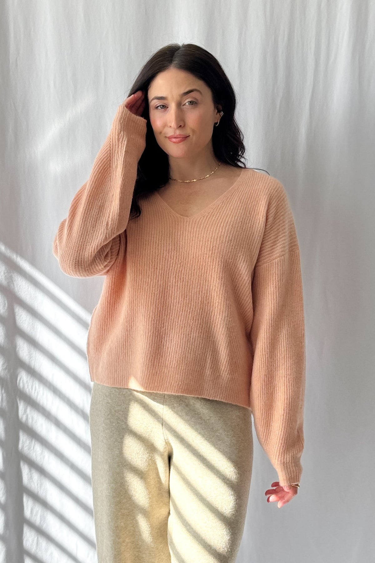 Champagne Blush Cozy Knit Sweater - Soft Stretch Feminine Pullover - Women&#39;s Shirts &amp; Tops - Blooming Daily