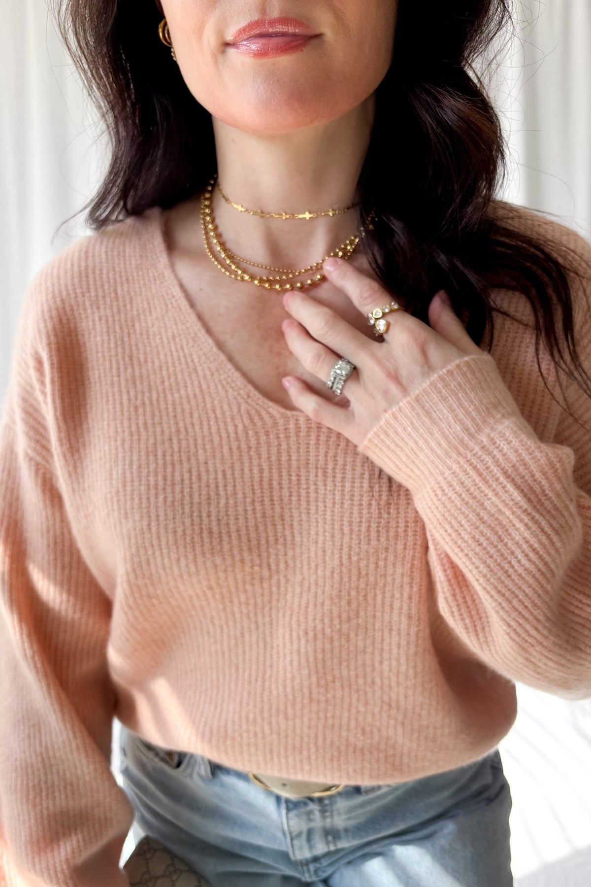 Champagne Blush Cozy Knit Sweater - Soft Stretch Feminine Pullover - Women&#39;s Shirts &amp; Tops - Blooming Daily