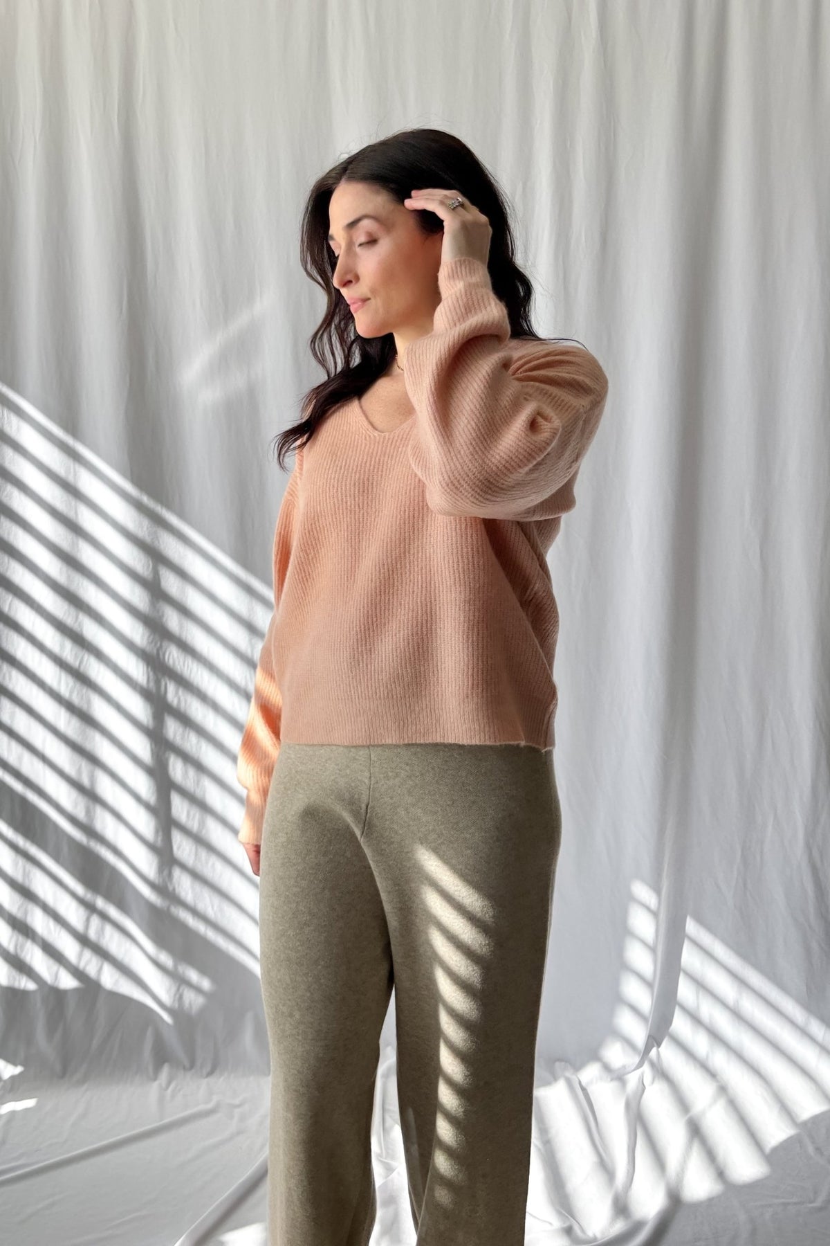 Champagne Blush Cozy Knit Sweater - Soft Stretch Feminine Pullover - Women&#39;s Shirts &amp; Tops - Blooming Daily