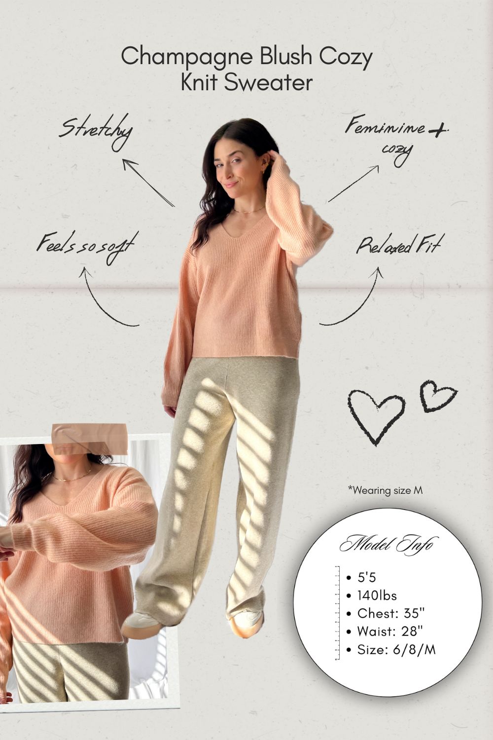 Champagne Blush Cozy Knit Sweater - Soft Stretch Feminine Pullover - Women&#39;s Shirts &amp; Tops - Blooming Daily