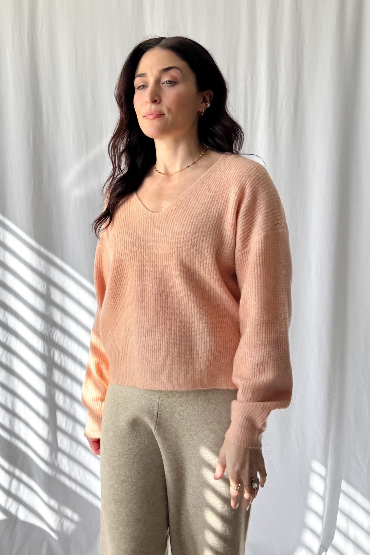 Champagne Blush Cozy Knit Sweater - Soft Stretch Feminine Pullover - Women&#39;s Shirts &amp; Tops - Blooming Daily