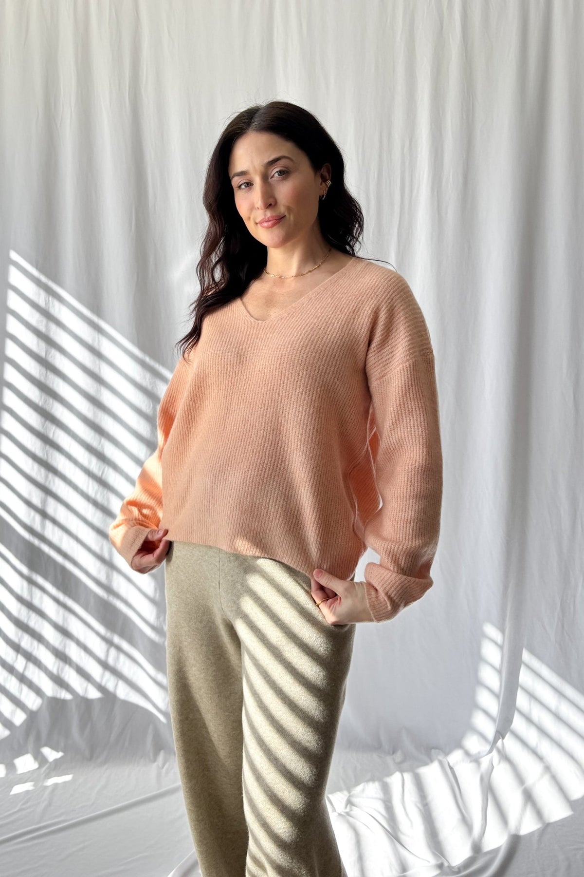 Champagne Blush Cozy Knit Sweater - Soft Stretch Feminine Pullover - Women&#39;s Shirts &amp; Tops - Blooming Daily