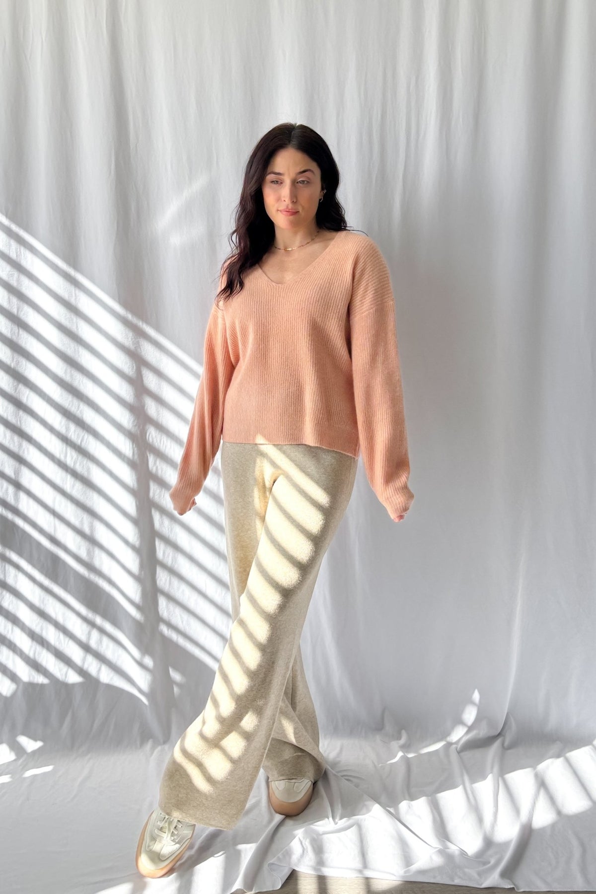 Champagne Blush Cozy Knit Sweater - Soft Stretch Feminine Pullover - Women&#39;s Shirts &amp; Tops - Blooming Daily