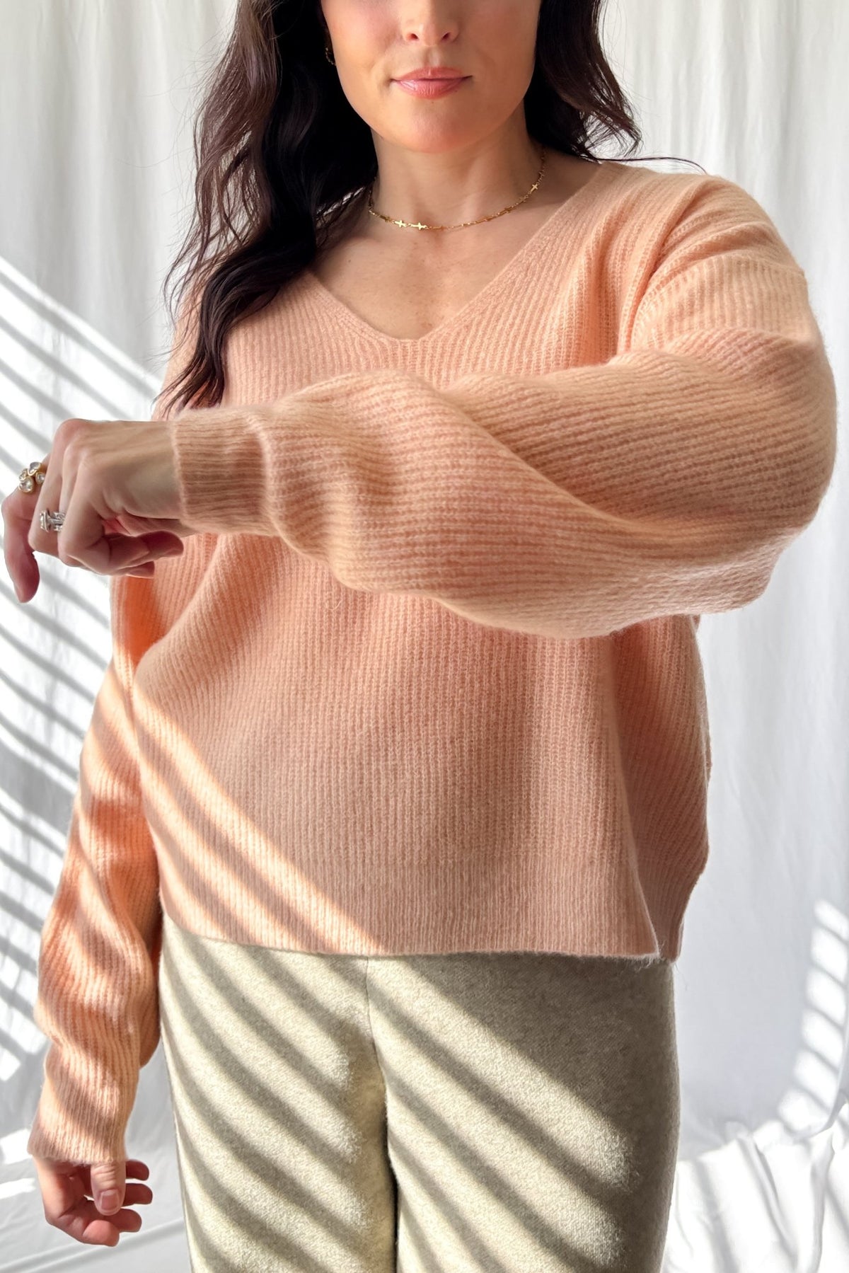 Champagne Blush Cozy Knit Sweater - Soft Stretch Feminine Pullover - Women&#39;s Shirts &amp; Tops - Blooming Daily