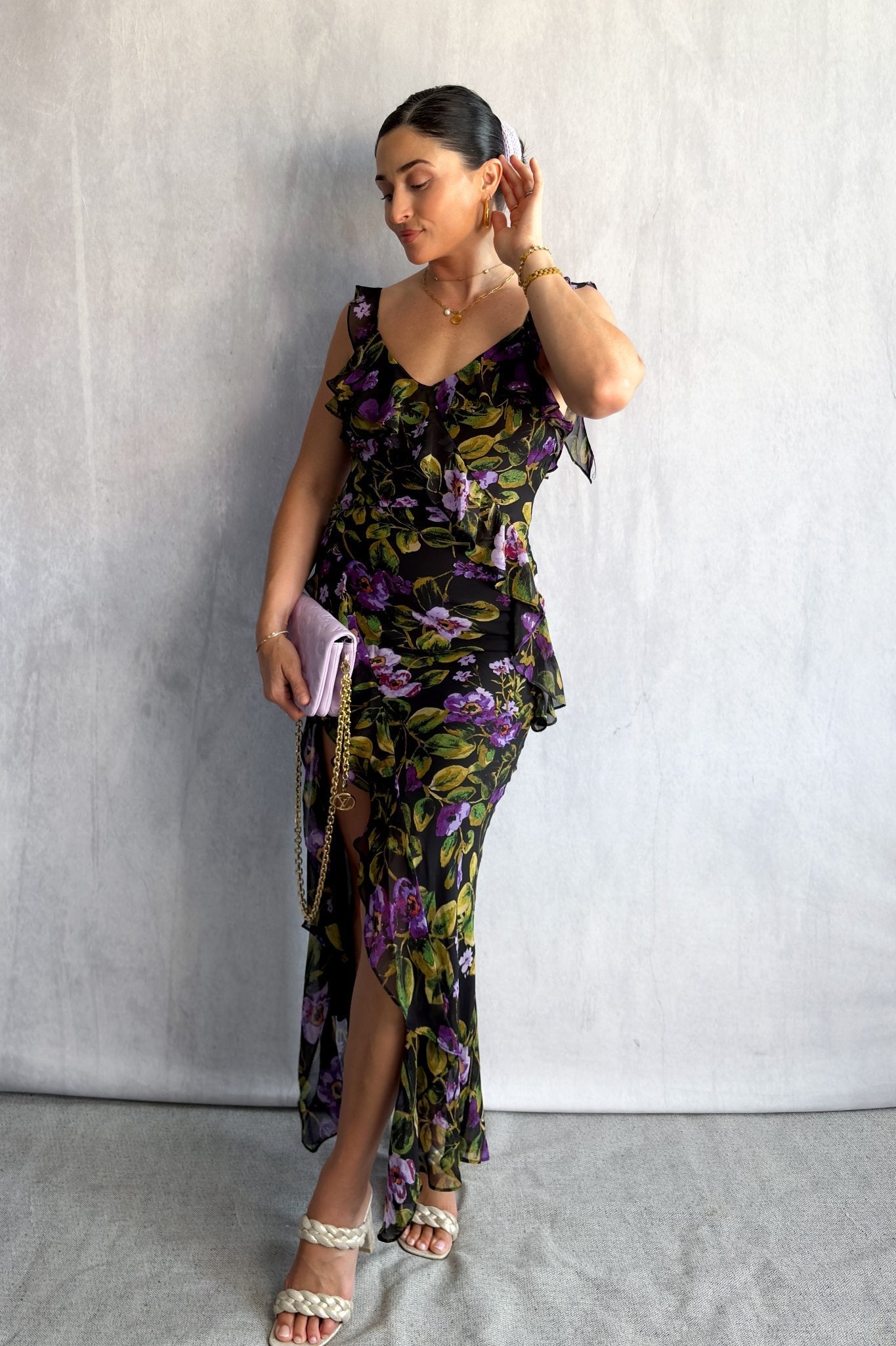 Chiffon Floral Print Maxi Dress with Ruffle Straps & Side Slit S Chiffon Floral Print Maxi Dress with Ruffle Straps & Side Slit S