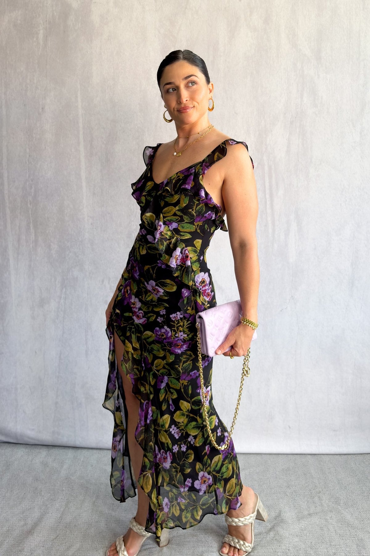 Chiffon Floral Print Maxi Dress with Ruffle Straps &amp; Side Slit - Women&#39;s Dresses - Blooming Daily