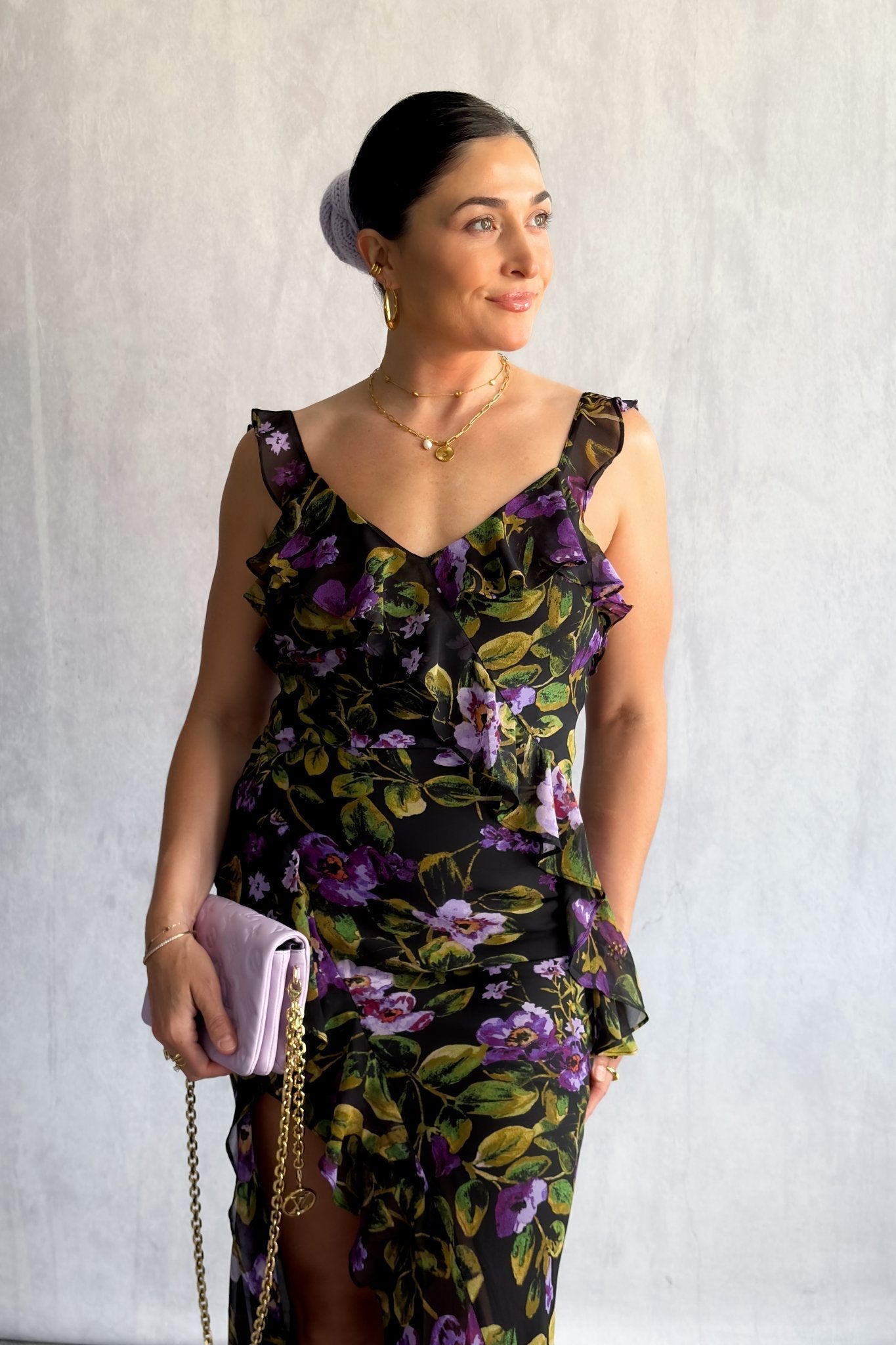 Chiffon Floral Print Maxi Dress with Ruffle Straps & Side Slit S Chiffon Floral Print Maxi Dress with Ruffle Straps & Side Slit S