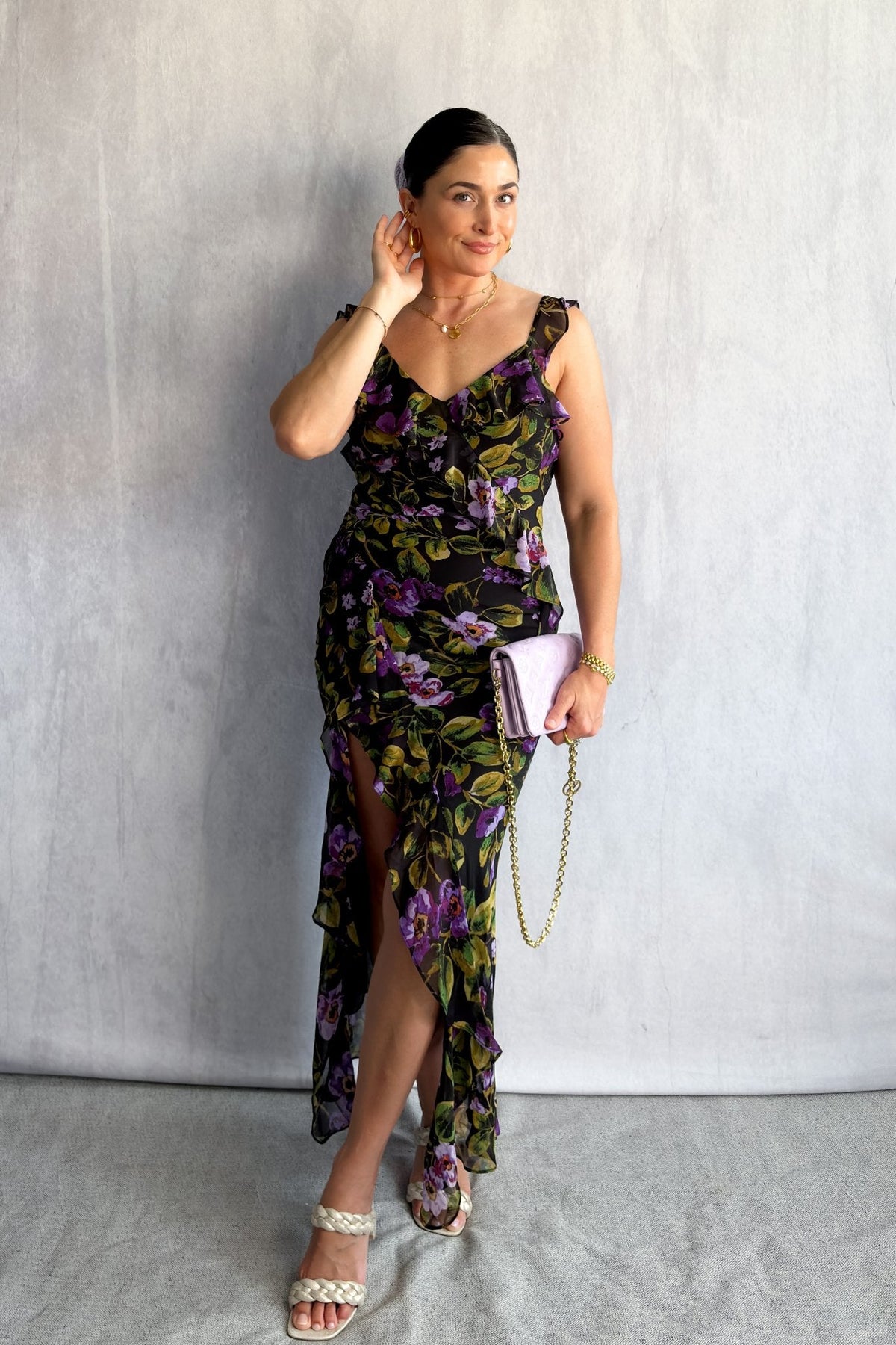 Chiffon Floral Print Maxi Dress with Ruffle Straps &amp; Side Slit - Women&#39;s Dresses - Blooming Daily